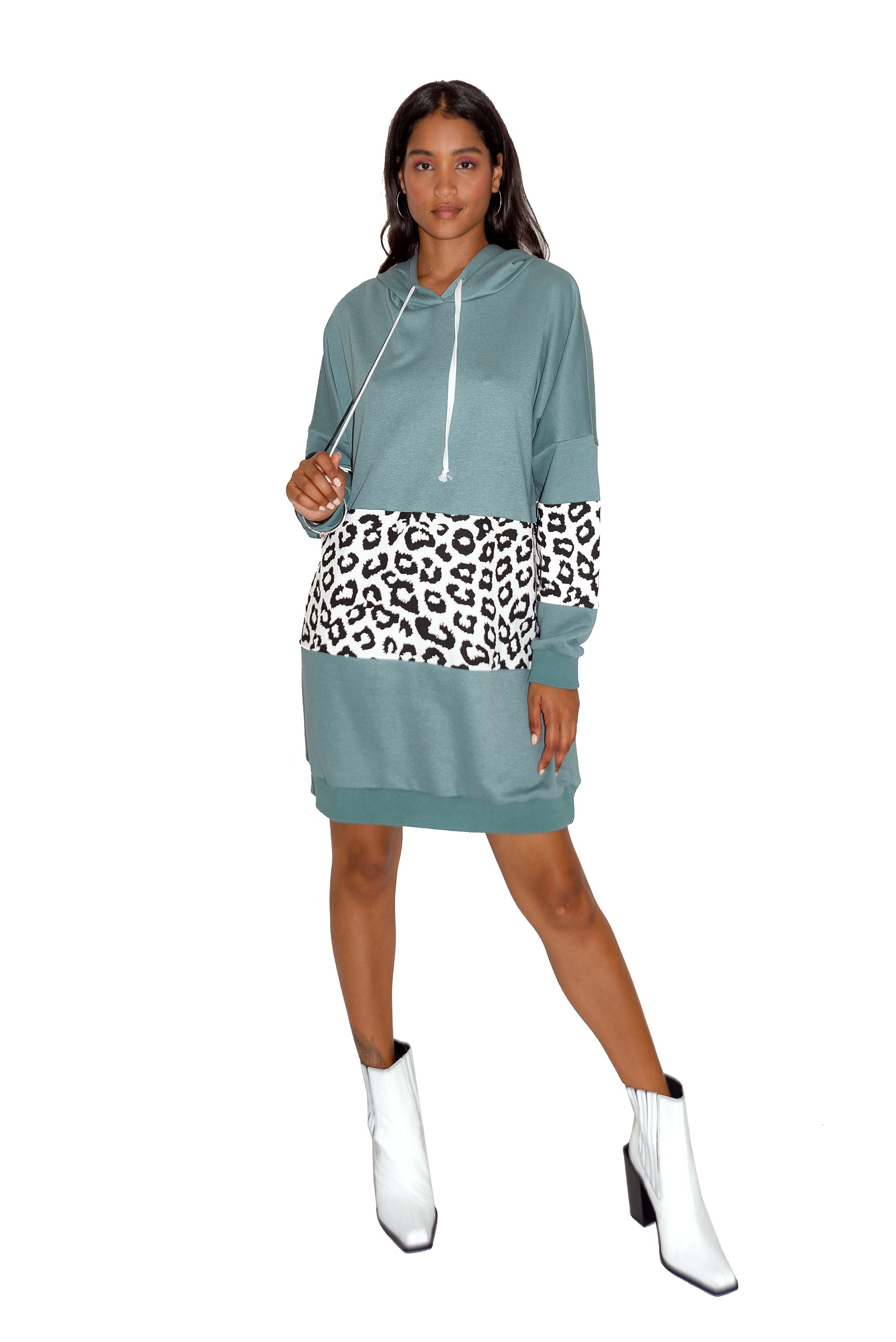 Women's Oversized Midi Hoodie Dress in Sage with Trendy Leopard Print