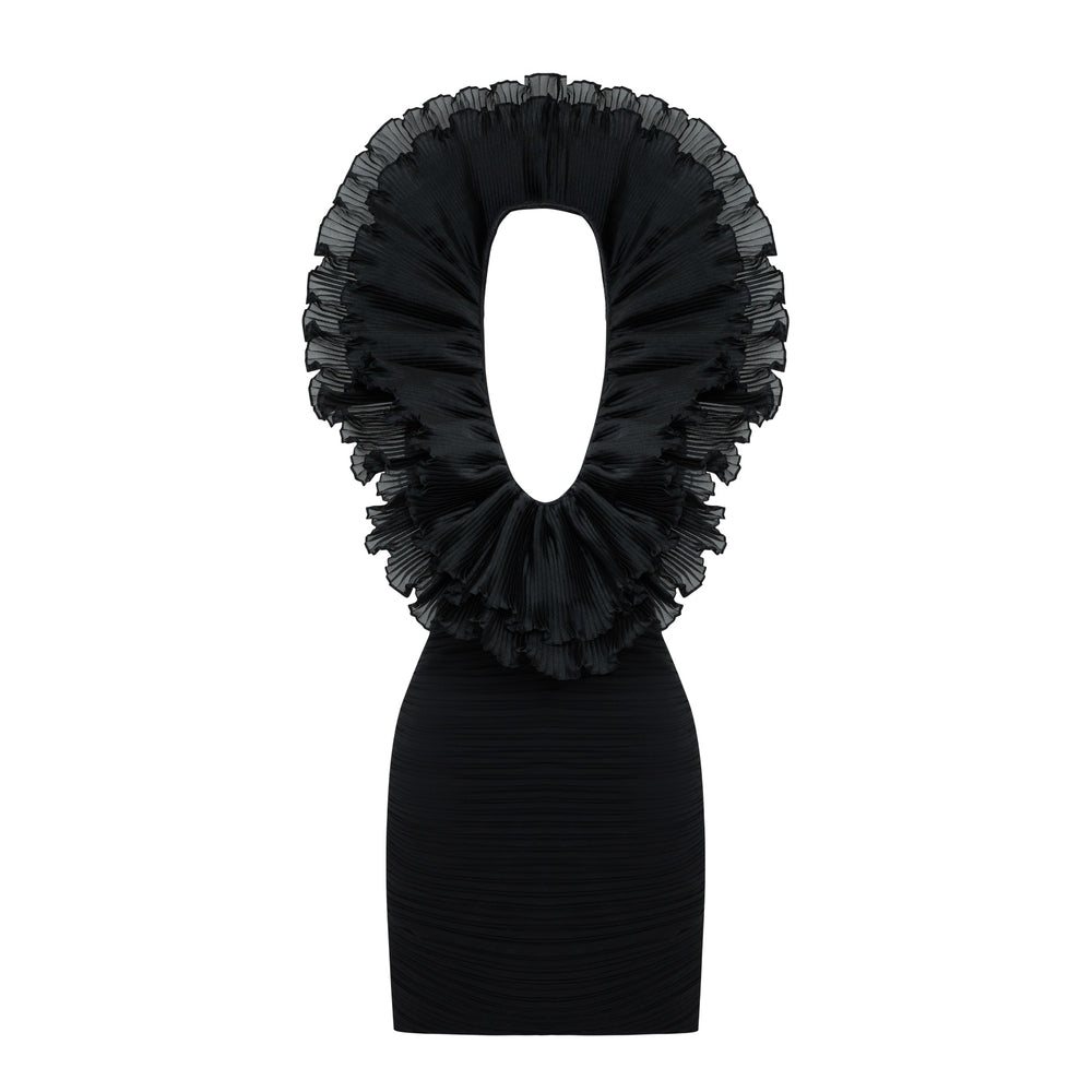 Shop online from our exclusive website and discover the Lale Dress by Nana Gotti, a black chiffon pleated bodycon mini dress with an oversized ruffle collar for a bold, elegant statement.