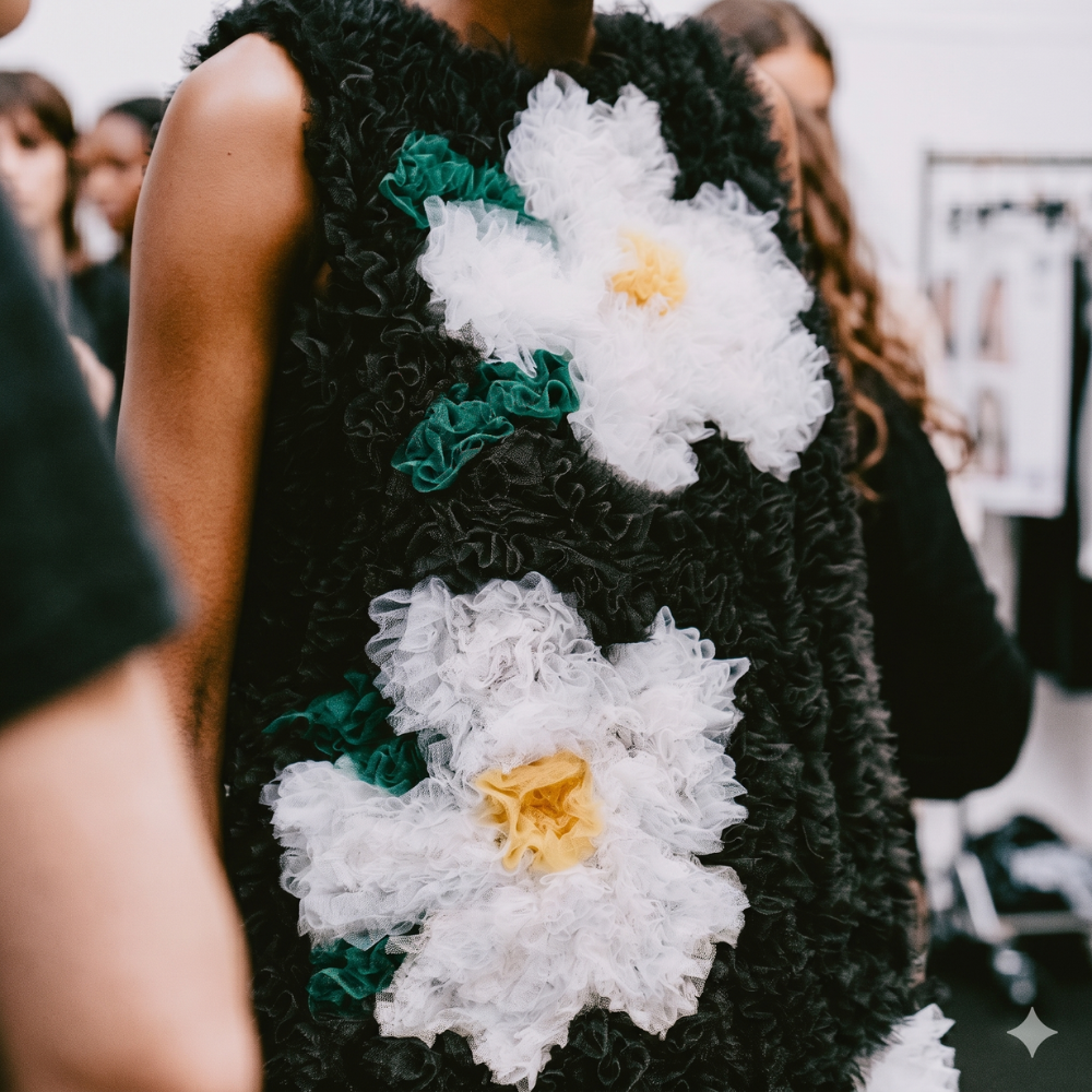 Handmade floral tulle dress with layered silhouette. One-of-a-kind piece. Shop online.