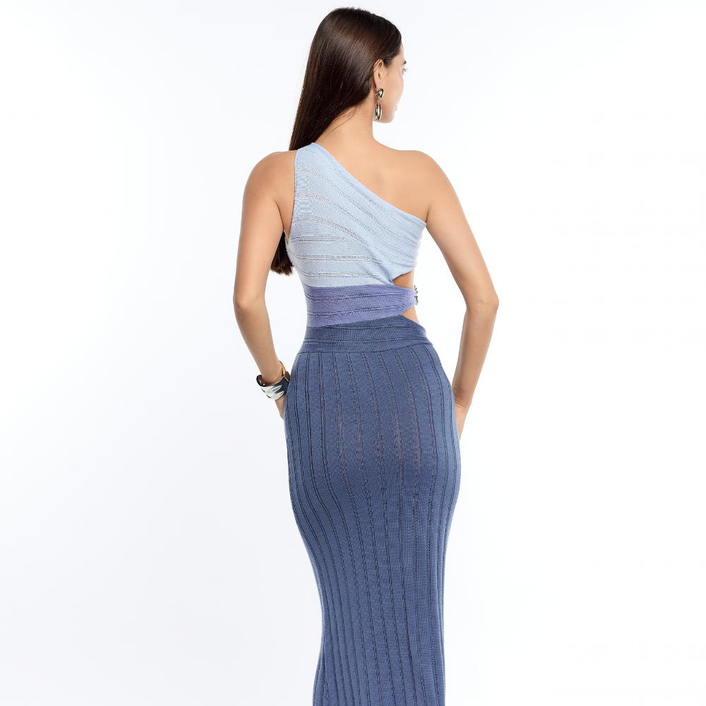 Shop the Lauren Colorblock Blue Maxi Dress at TLM, featuring contrast knit detailing and a flattering fitted silhouette. Explore luxury fashion on The Luxe Maison website.