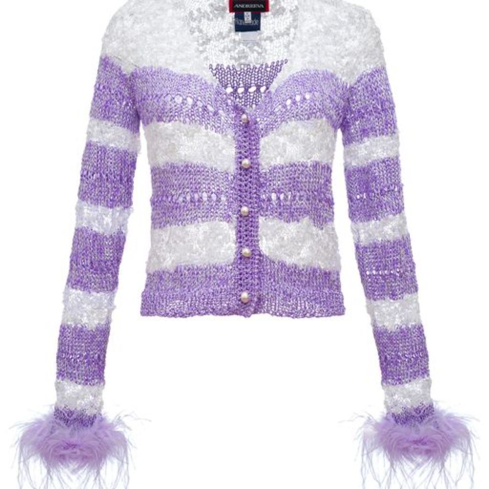 Lavender Handmade Knit Sweater With Pearl Buttons and Detachable Feathers Cuffs.