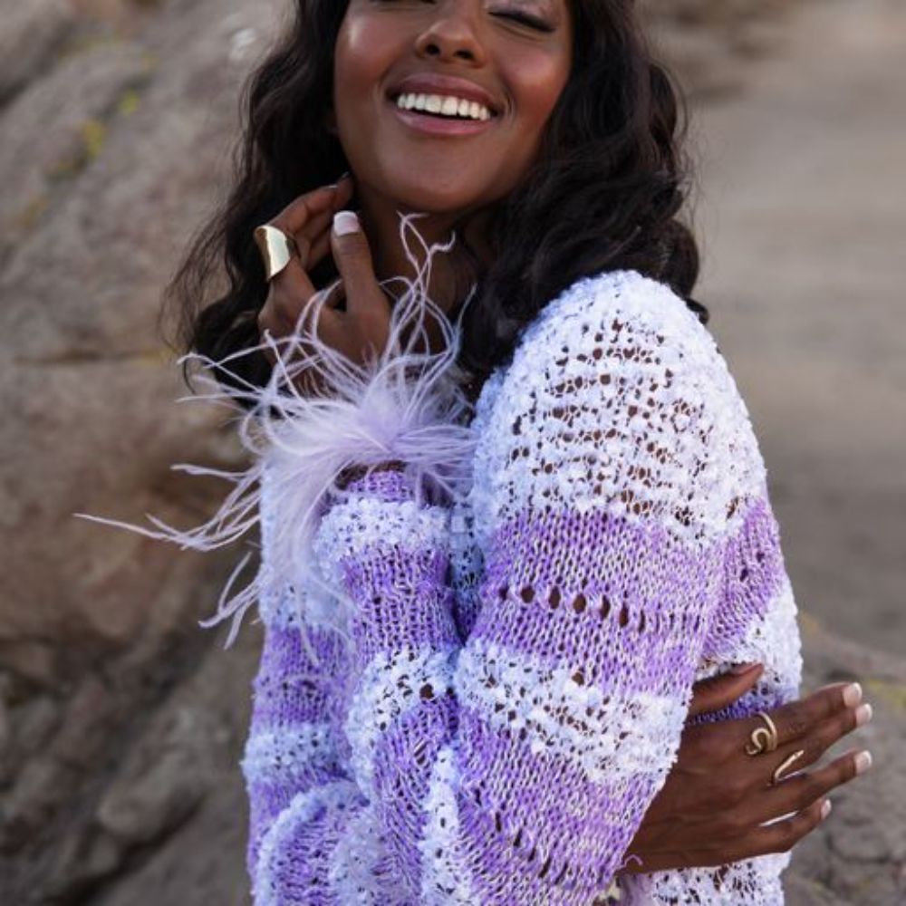 Lavender Handmade Knit Sweater With Pearl Buttons and Detachable Feathers Cuffs.