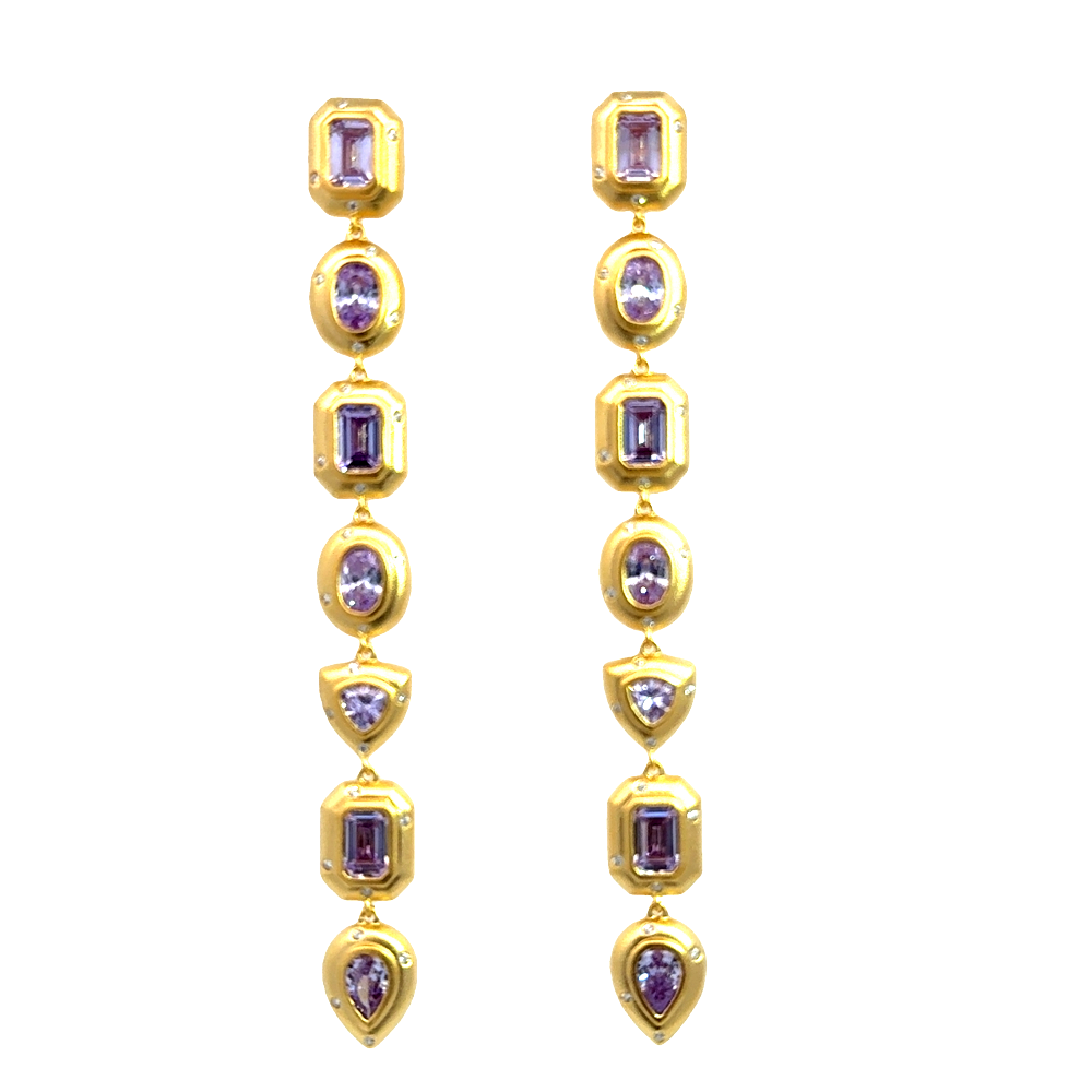 Shop online premium 18K gold lavender CZ shoulder duster earrings with asymmetrical design for a bold statement look.