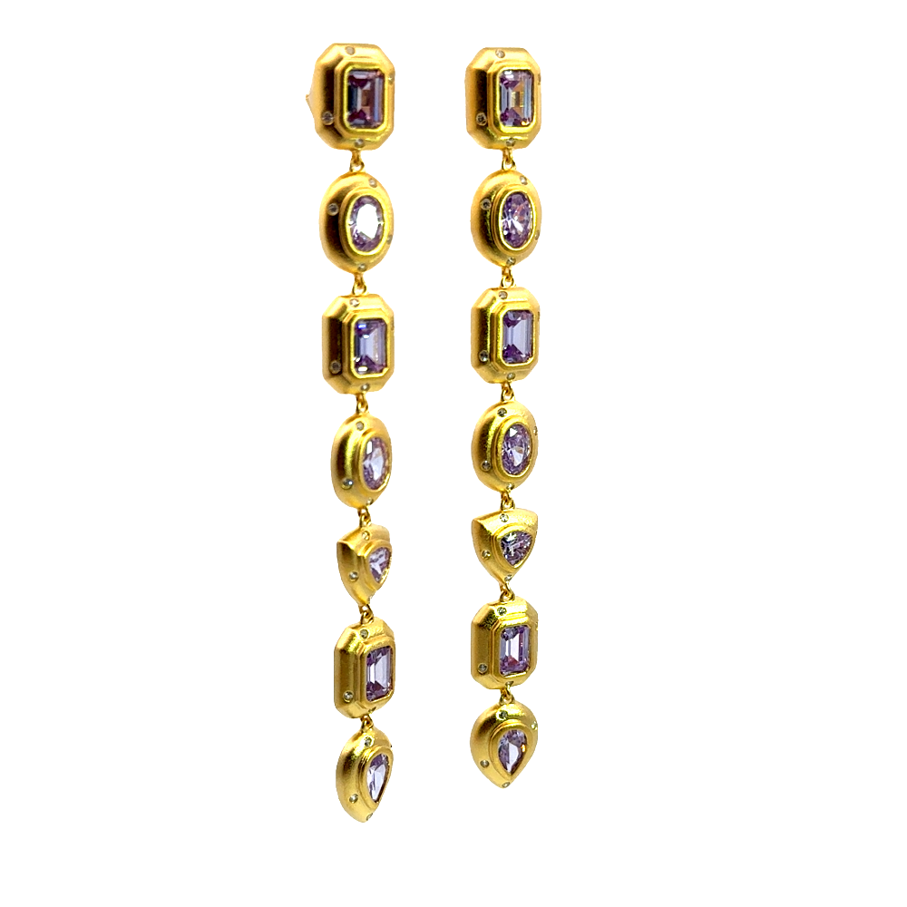 Shop online premium 18K gold lavender CZ shoulder duster earrings with asymmetrical design for a bold statement look.