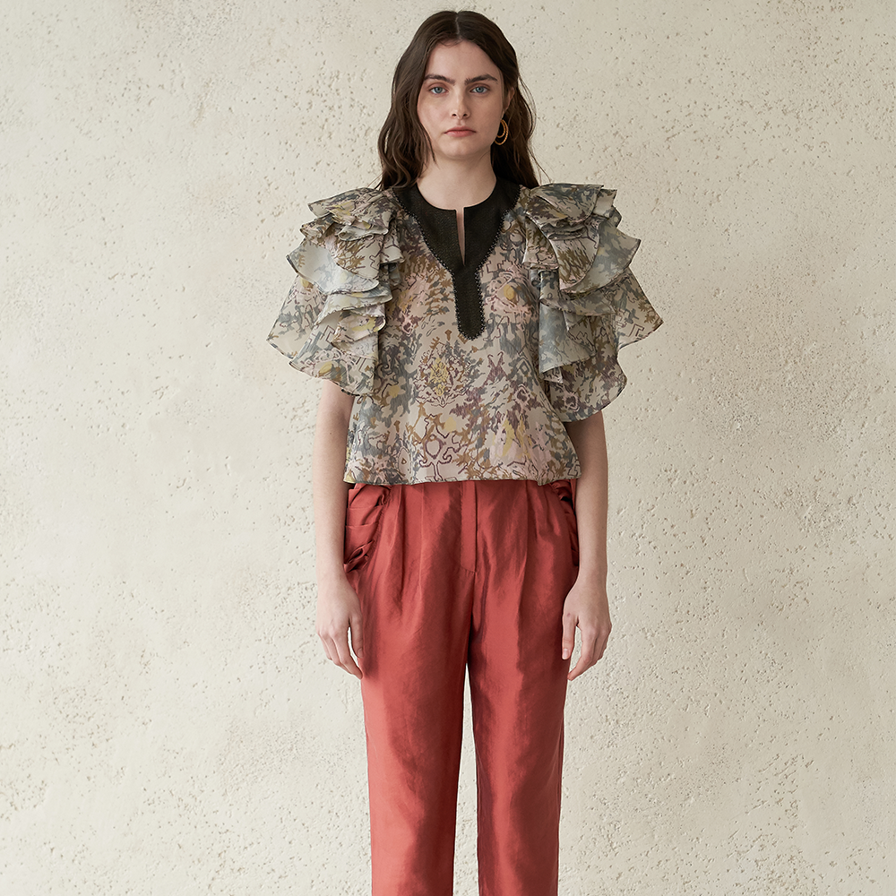 Elegant layered sleeve slit-neck silk blouse for women’s clothing. Shop Now!