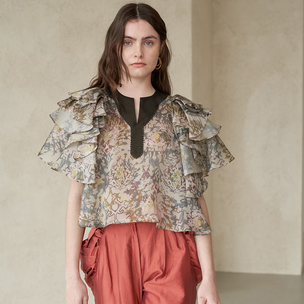 Elegant layered sleeve slit-neck silk blouse for women’s clothing. Shop Now!