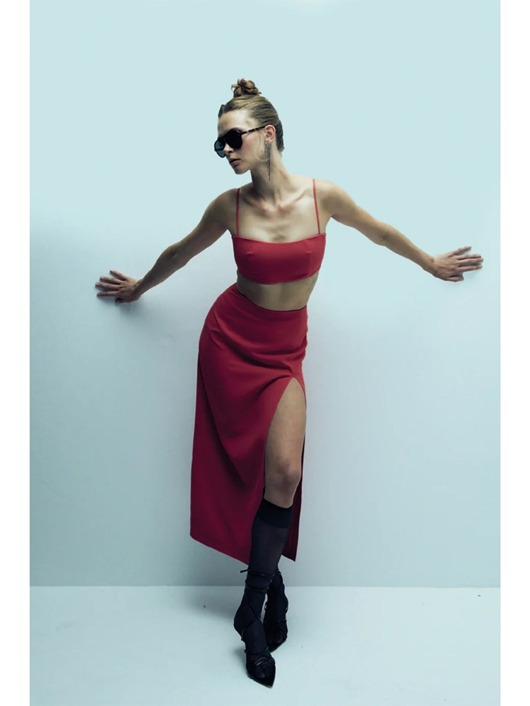 Lea Crepe Maxi Skirt in Paprika Red