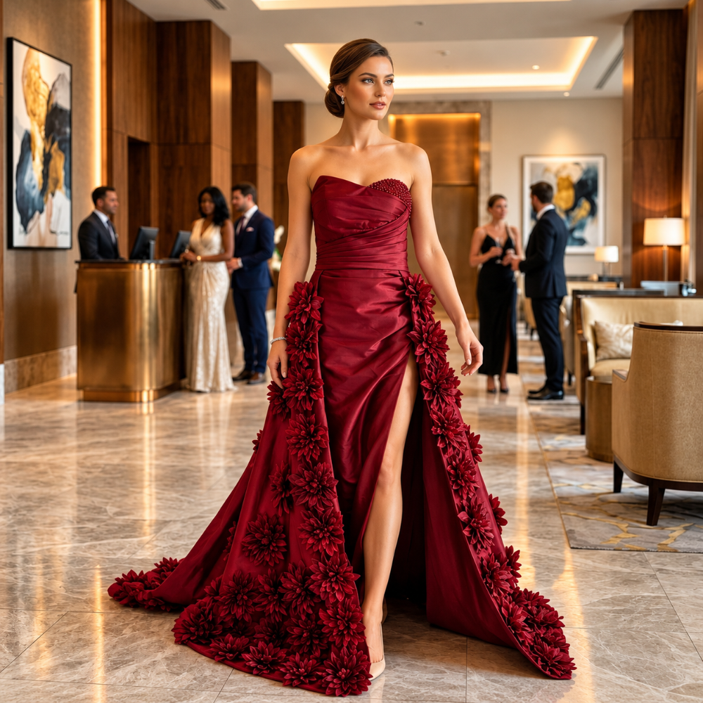 Shop online from our exclusive website. Discover the Leena wine floor-length gown featuring a fitted bodice, dramatic thigh-high slit, and elegant silhouette for galas, formal events, and special occasions.