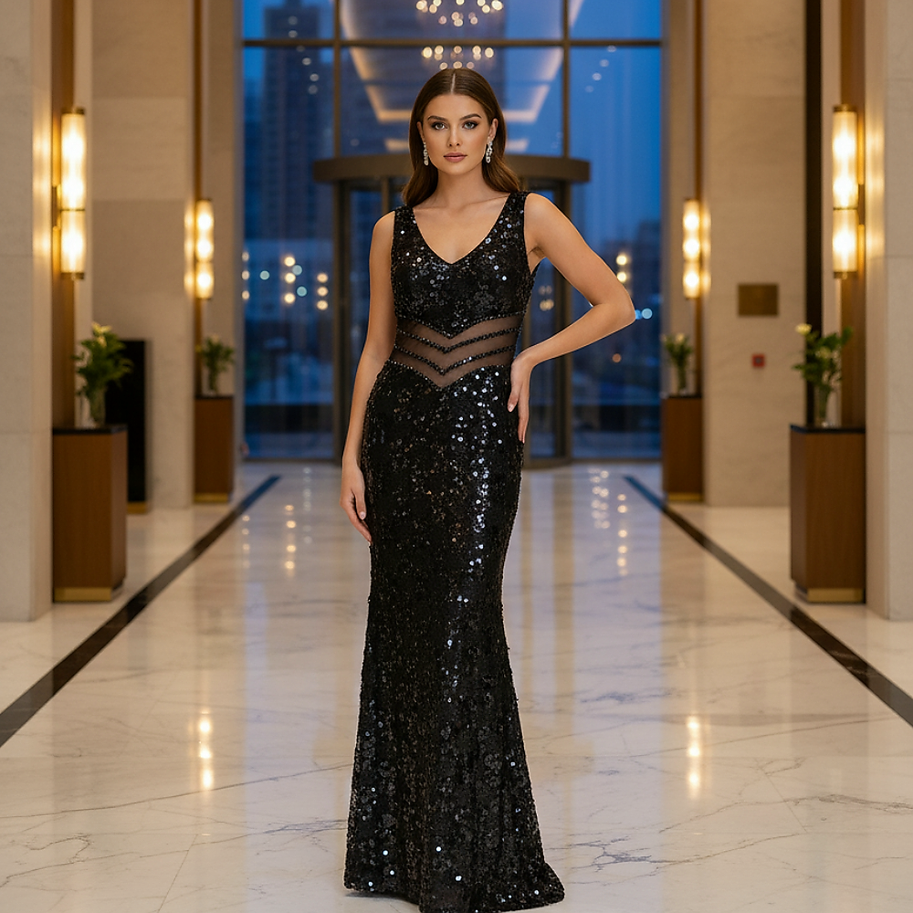 Shop the Lexi black full-length gown featuring sequins, bead detailing, a V-neck, mesh panels, fluted sleeves, and a fishtail silhouette. Shop online from our exclusive website.