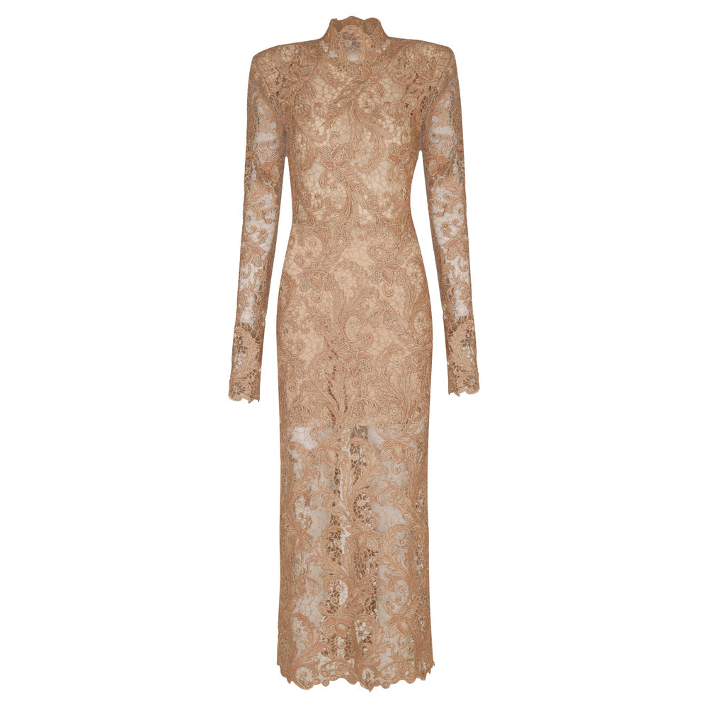 Shop online from our exclusive website and discover the Lia Dress by Nana Gotti, a beige lace midi dress with a high neckline, structured shoulders, and an elegant sculpted silhouette.