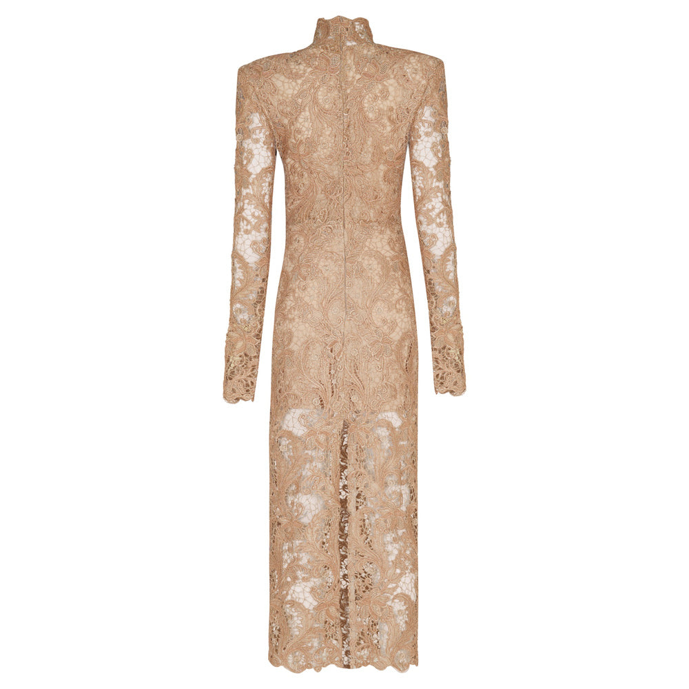 Shop online from our exclusive website and discover the Lia Dress by Nana Gotti, a beige lace midi dress with a high neckline, structured shoulders, and an elegant sculpted silhouette.