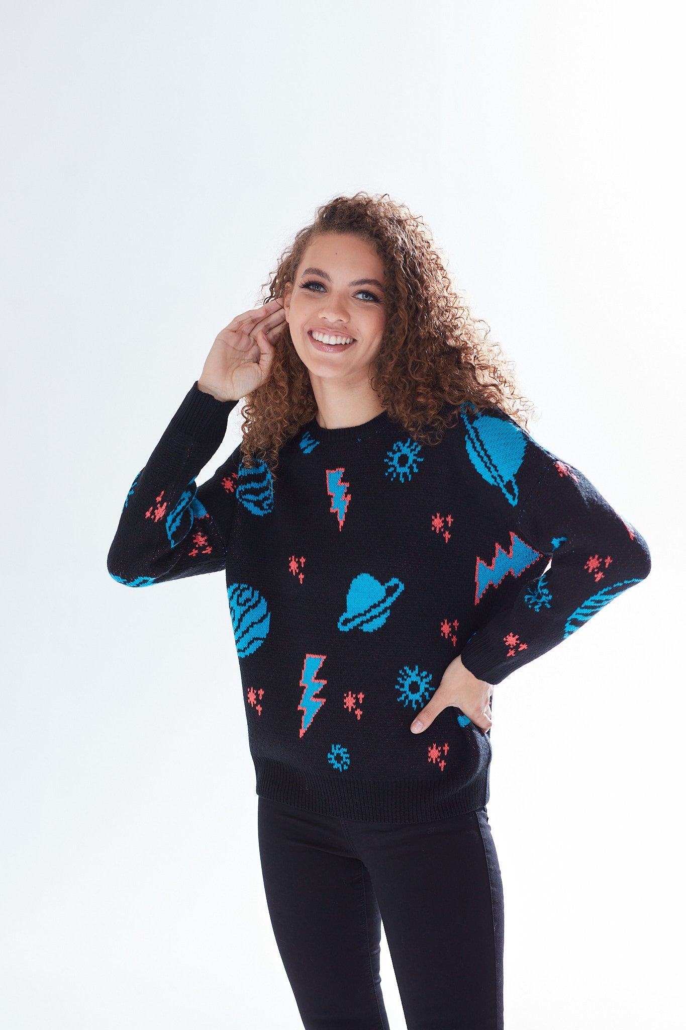 Women's Jumper with Cosmic Pattern and Button-Down Detail, Regular Fit, Long Sleeve, Soft - Liquorish