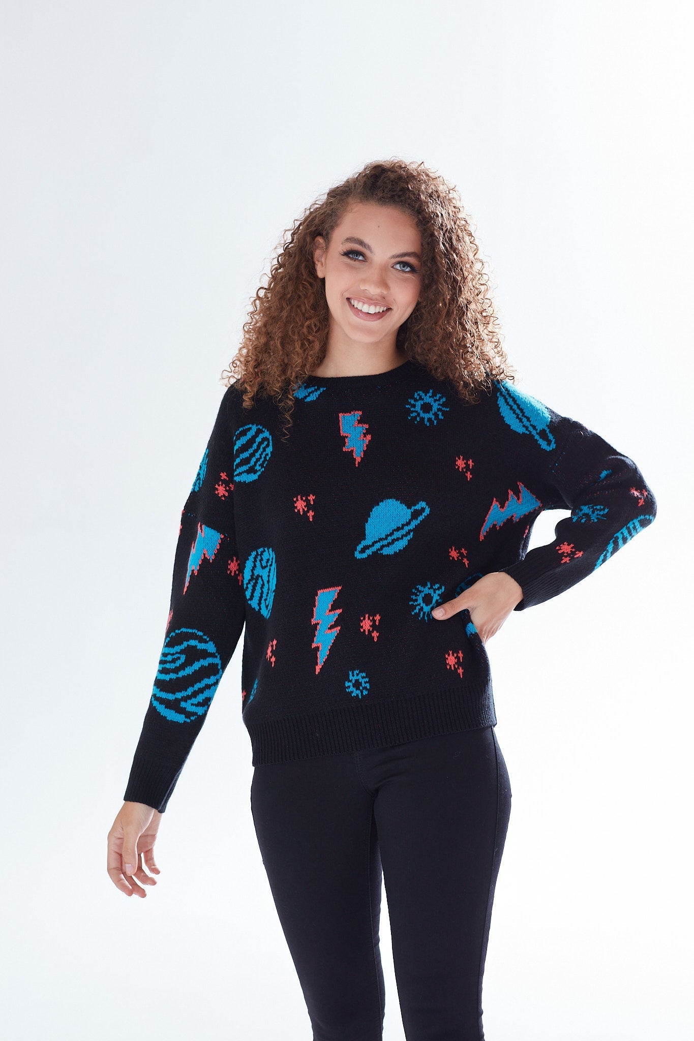 Women's Jumper with Cosmic Pattern and Button-Down Detail, Regular Fit, Long Sleeve, Soft - Liquorish