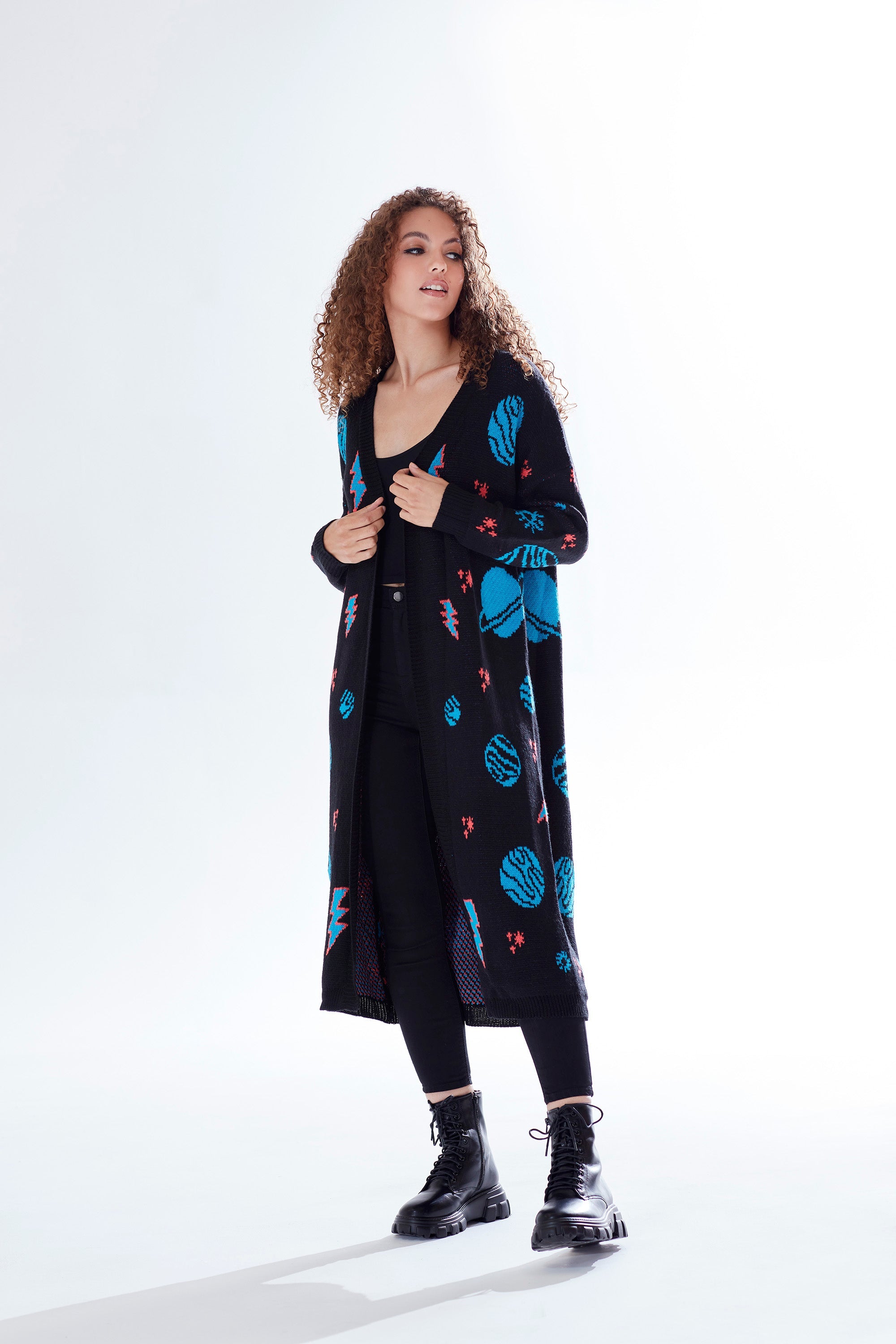 Women's Cardigan in Black with Full-Length Sleeves, Cosmic Pattern, Open Front, Stylish Design by Liquorish
