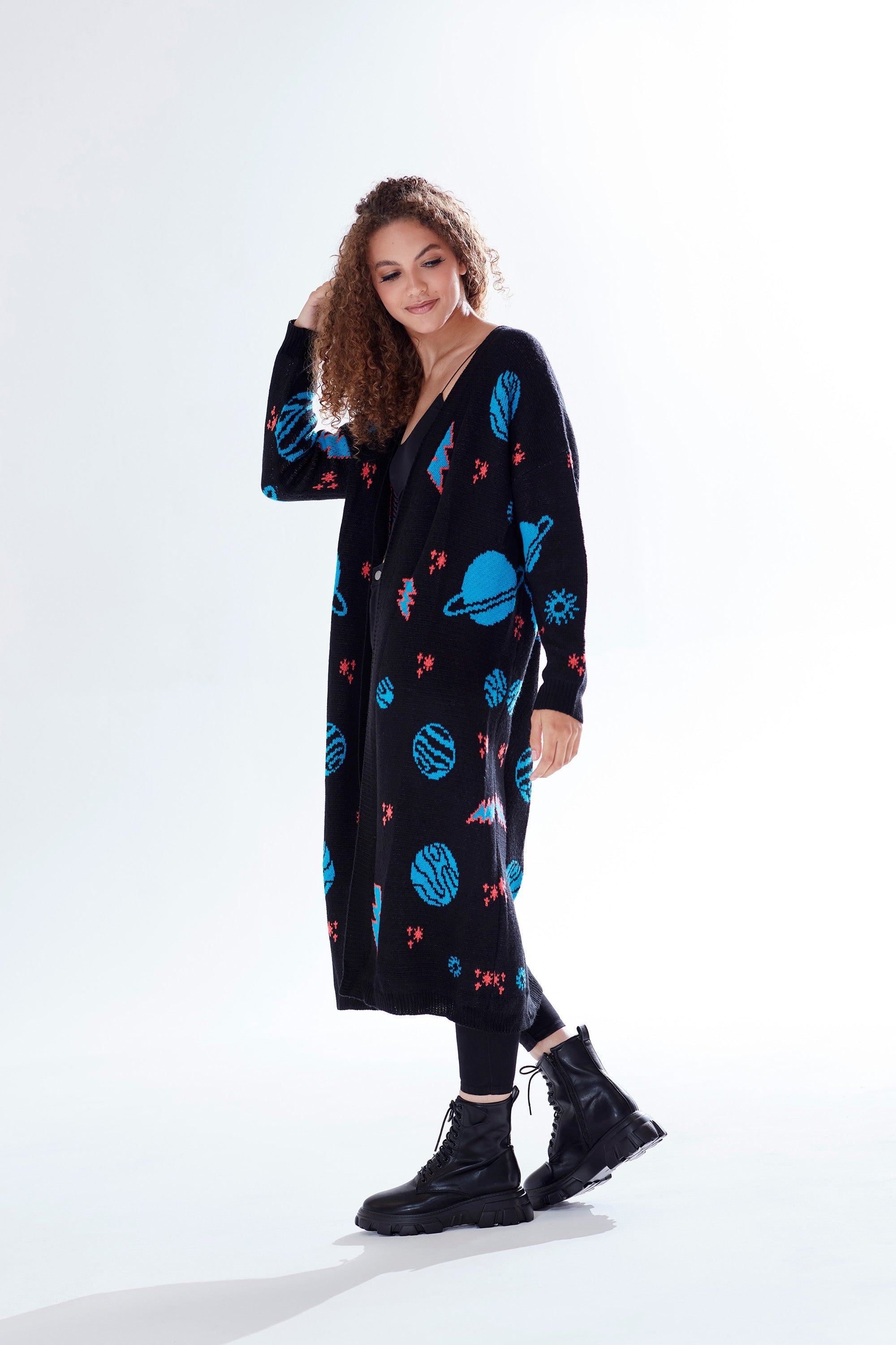 Women's Cardigan in Black with Full-Length Sleeves, Cosmic Pattern, Open Front, Stylish Design by Liquorish