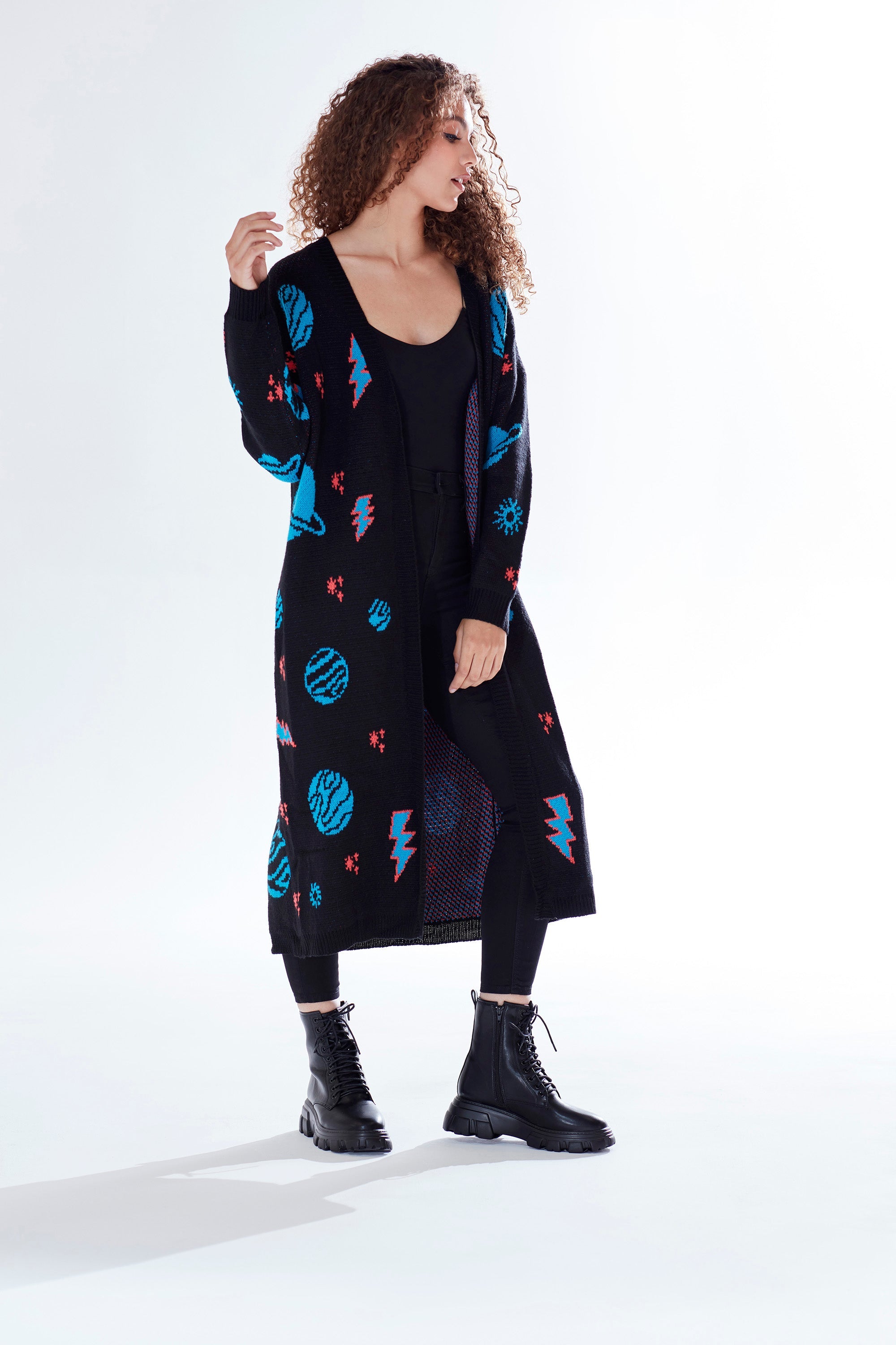 Women's Cardigan in Black with Full-Length Sleeves, Cosmic Pattern, Open Front, Stylish Design by Liquorish