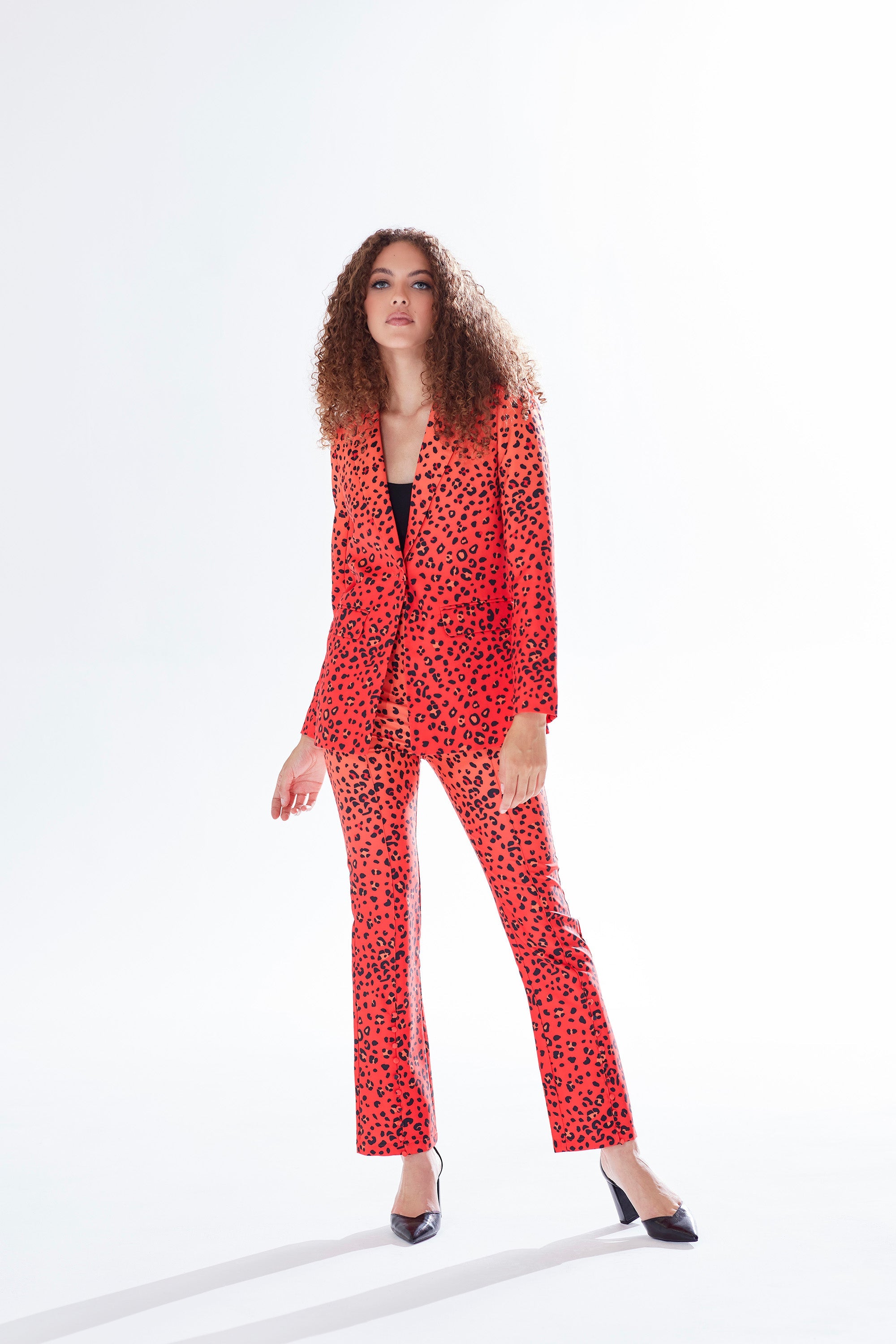 Women's Trousers in Red, Orange & Black Ombre Leopard Print with High Waist & Button Slit Detail - Liquorish