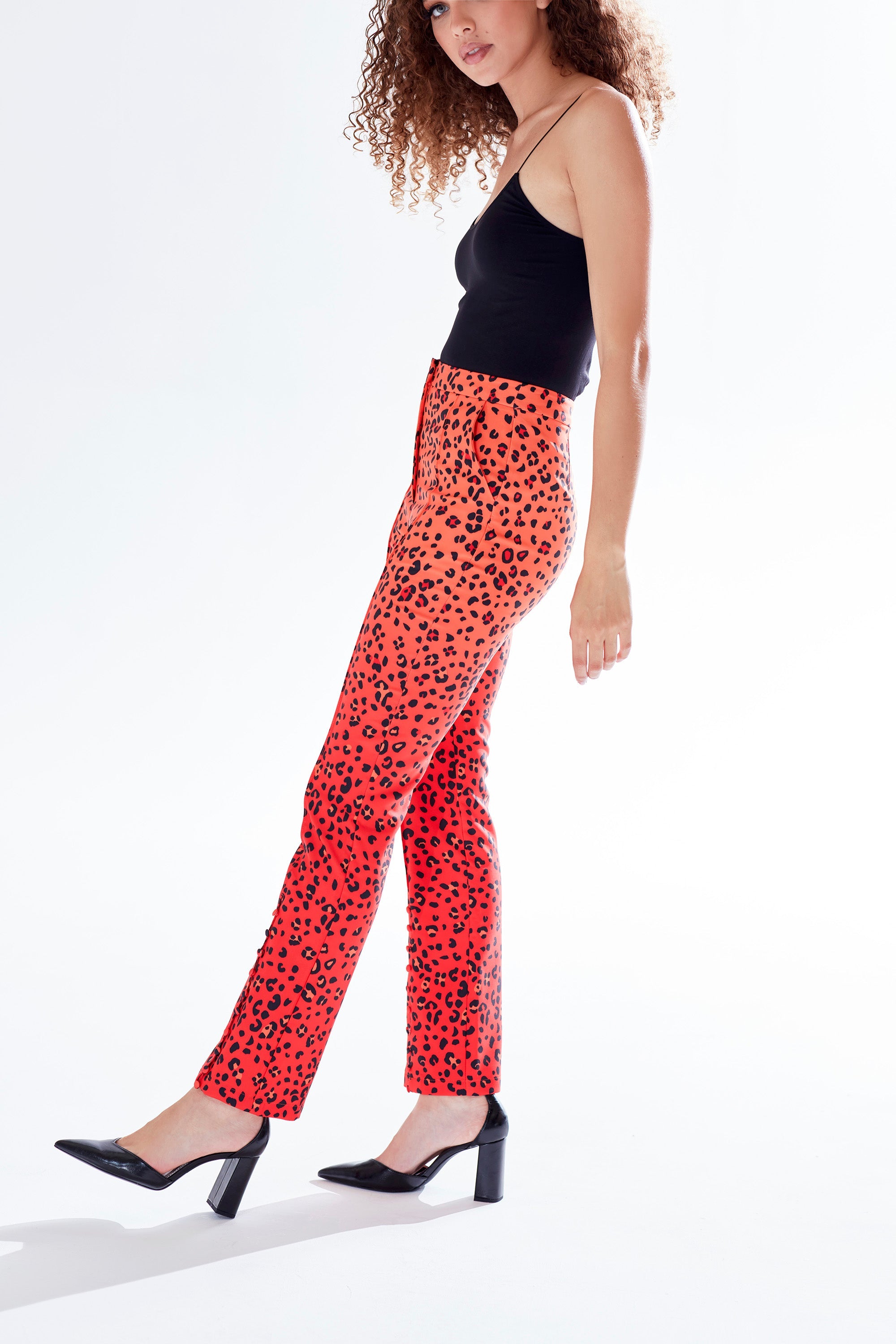Women's Trousers in Red, Orange & Black Ombre Leopard Print with High Waist & Button Slit Detail - Liquorish