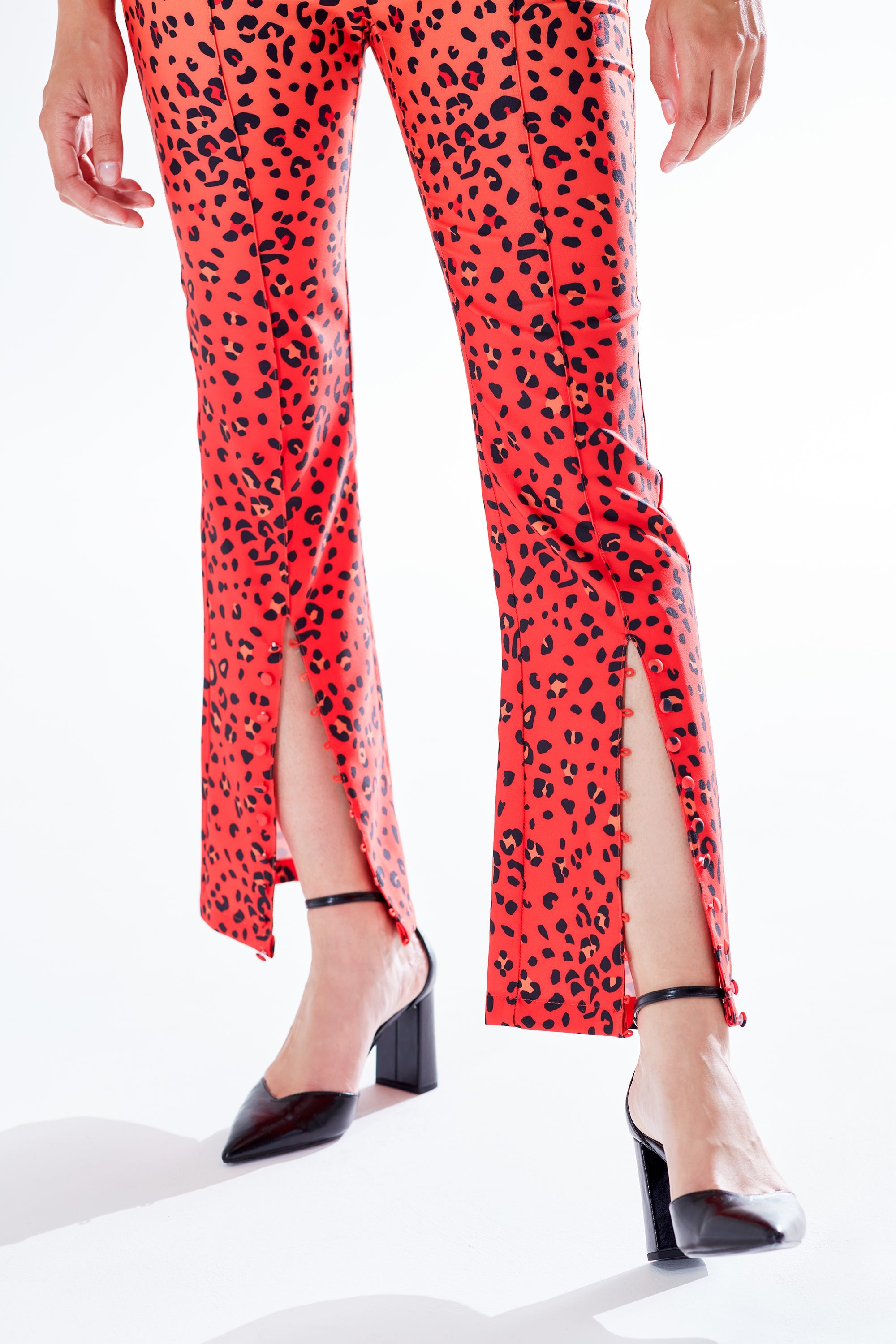 Women's Trousers in Red, Orange & Black Ombre Leopard Print with High Waist & Button Slit Detail - Liquorish