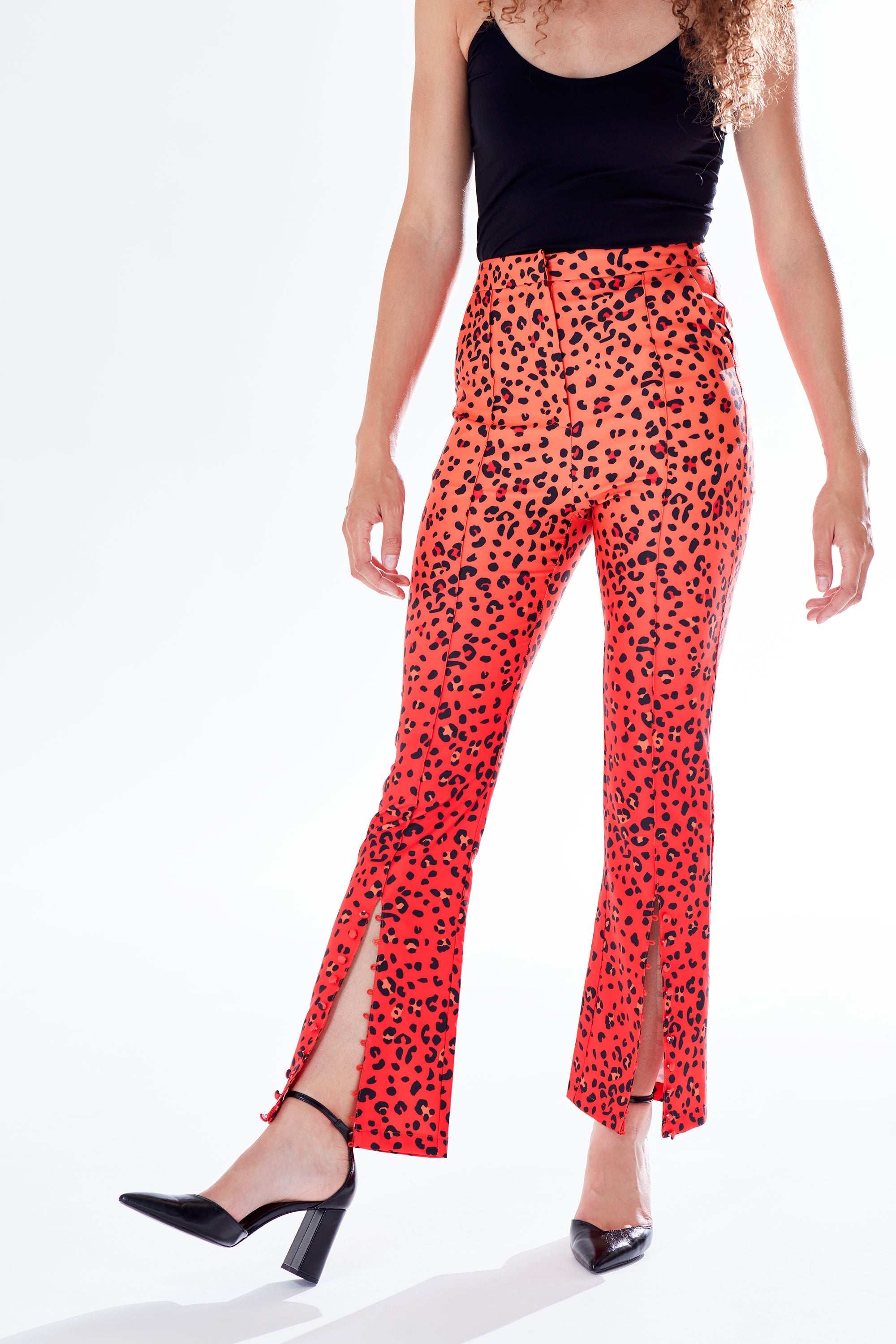 Women's Trousers in Red, Orange & Black Ombre Leopard Print with High Waist & Button Slit Detail - Liquorish