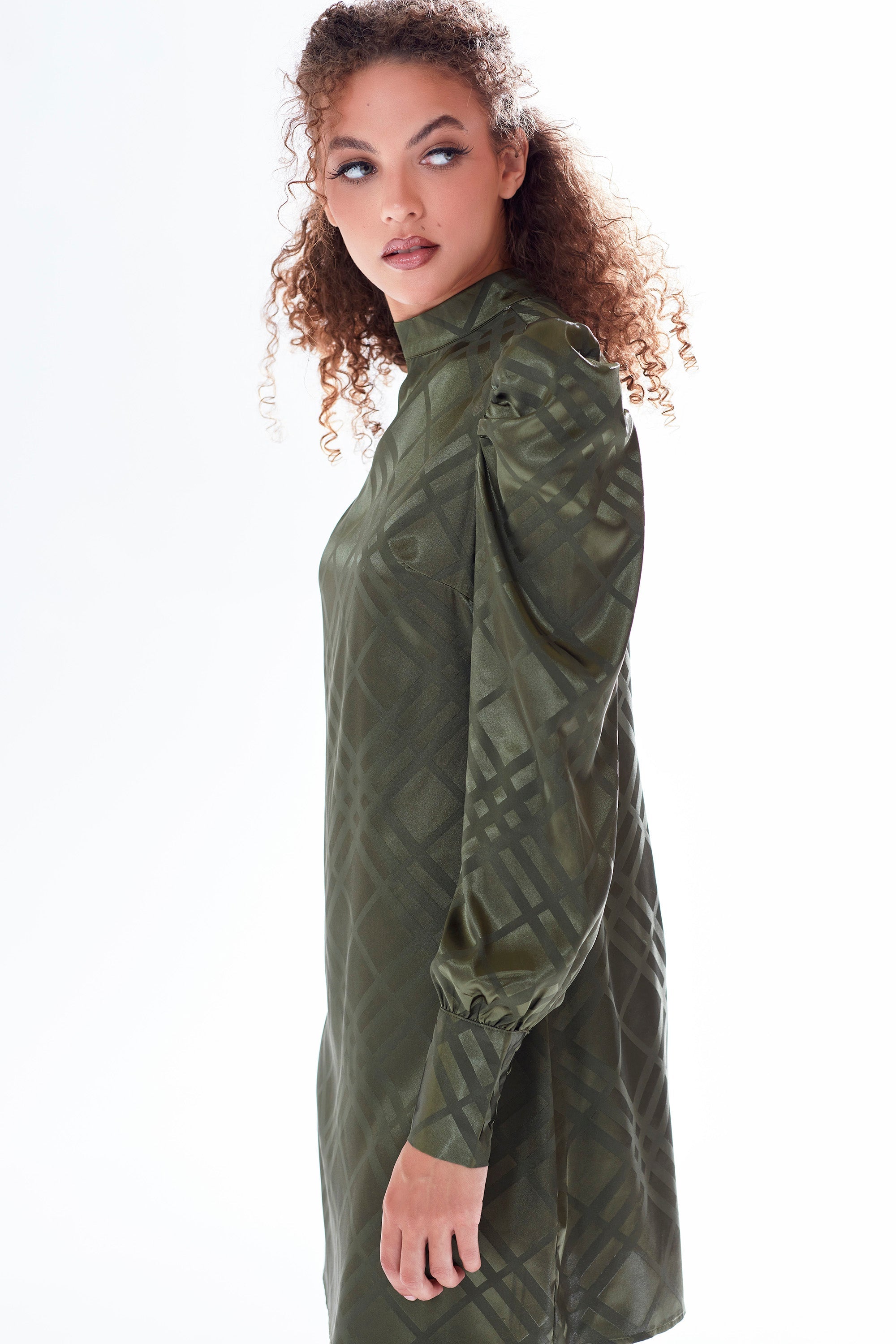 Liquorish check jacquard mini dress with high neck & puff sleeve detail in khaki