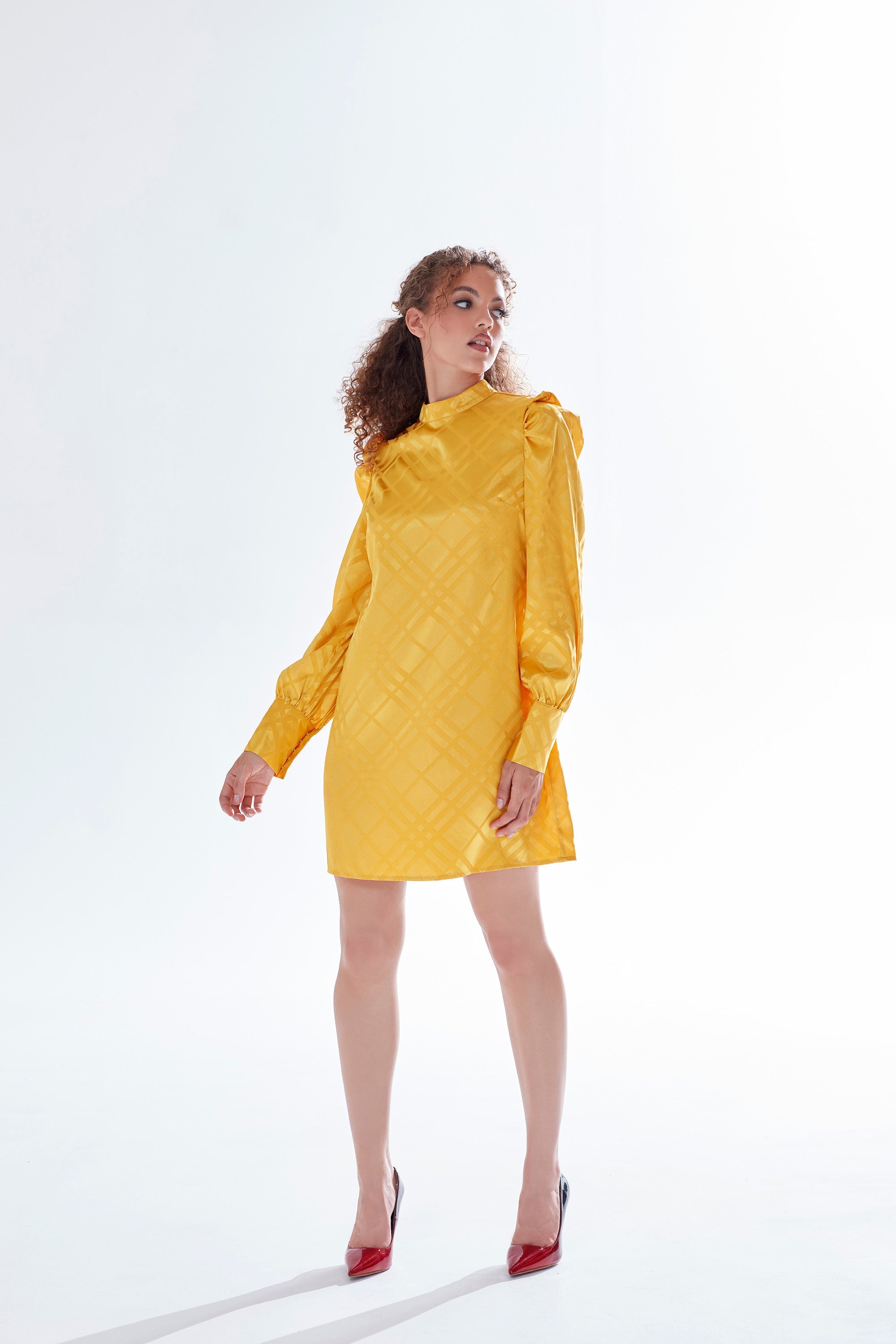 Women's Mini Dress in Mustard with High Neck, Puff Sleeves & Chic Check Design - Liquorish