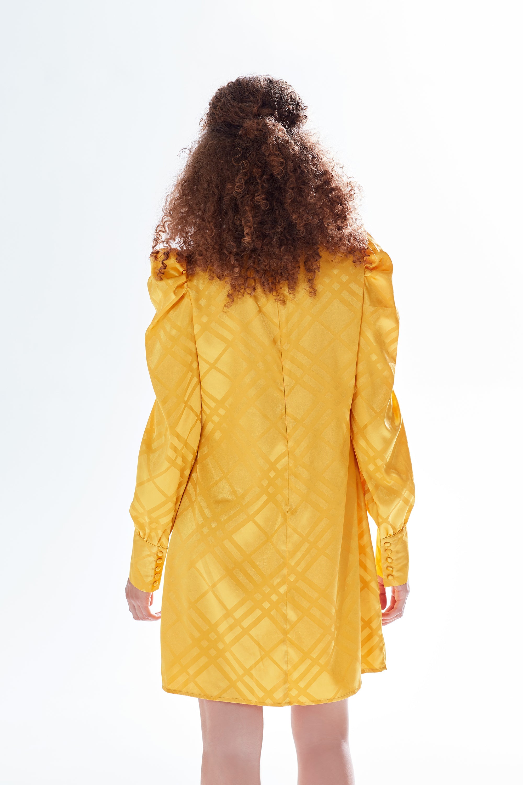 Women's Mini Dress in Mustard with High Neck, Puff Sleeves & Chic Check Design - Liquorish