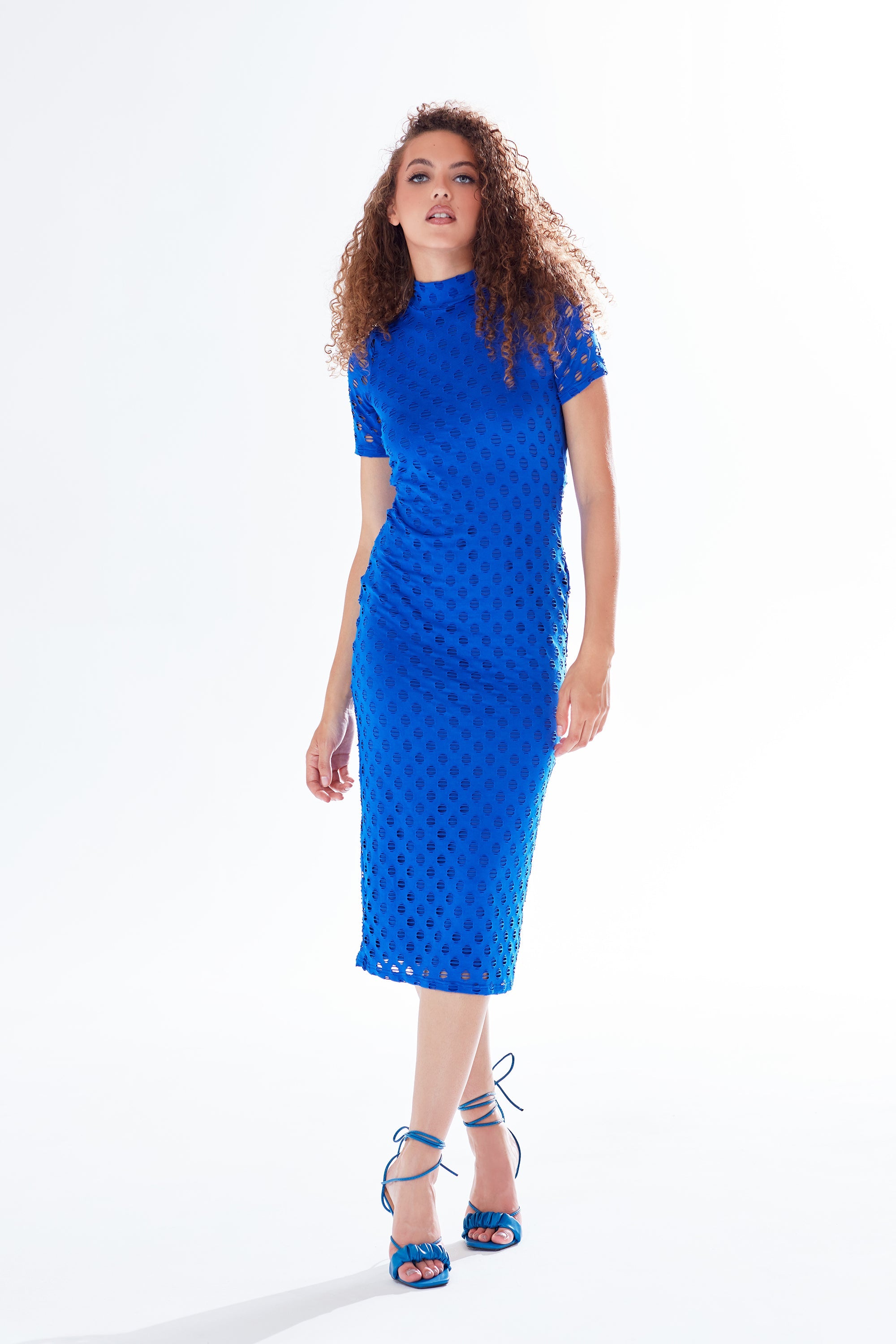 Women's Midi Dress in Bold Blue with High Neck, Short Sleeves, and Open Back Detail - Liquorish