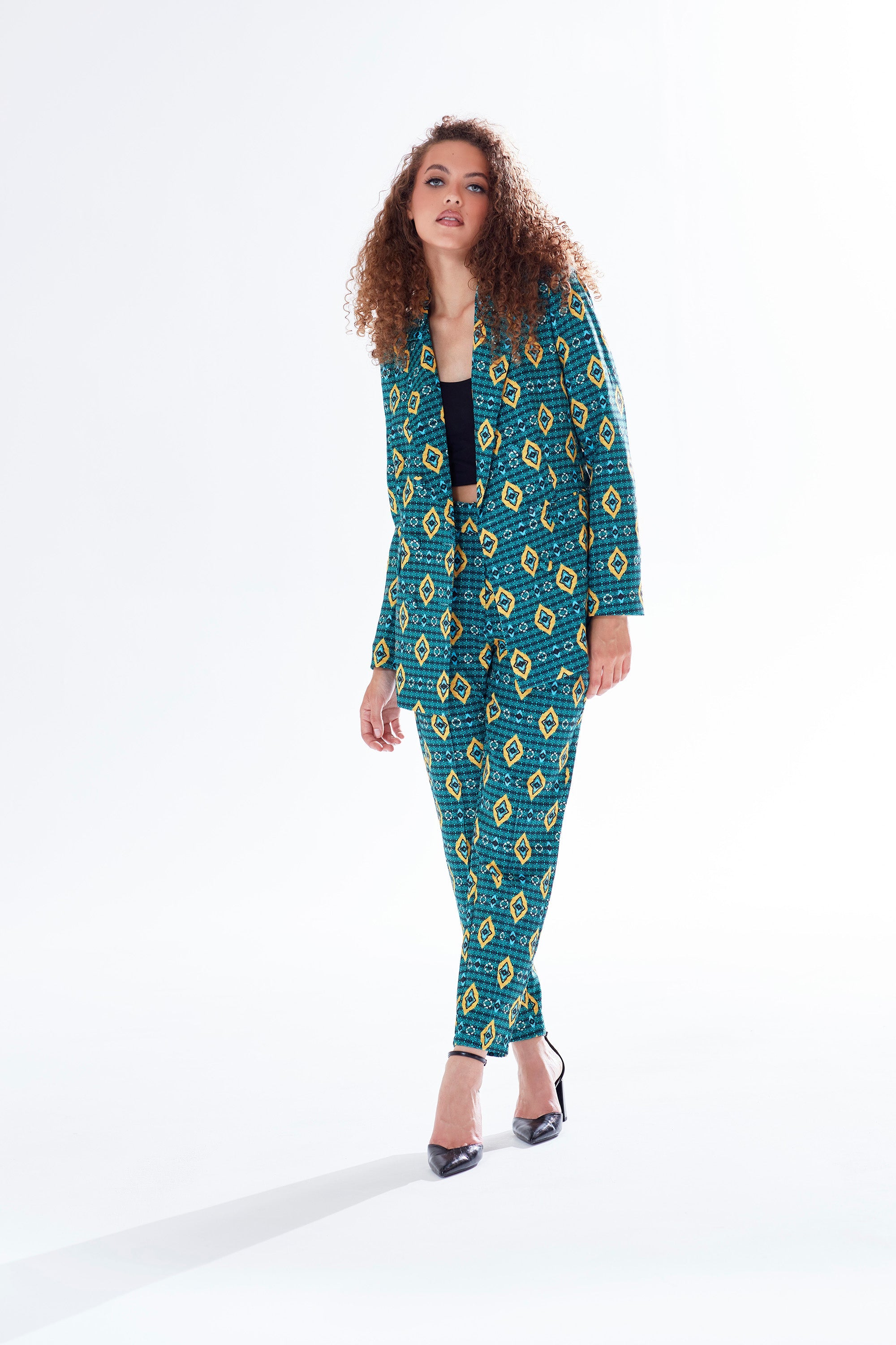 Women's Trousers in Green, Yellow & Navy Geometric Print with Tailored Fit by Liquorish
