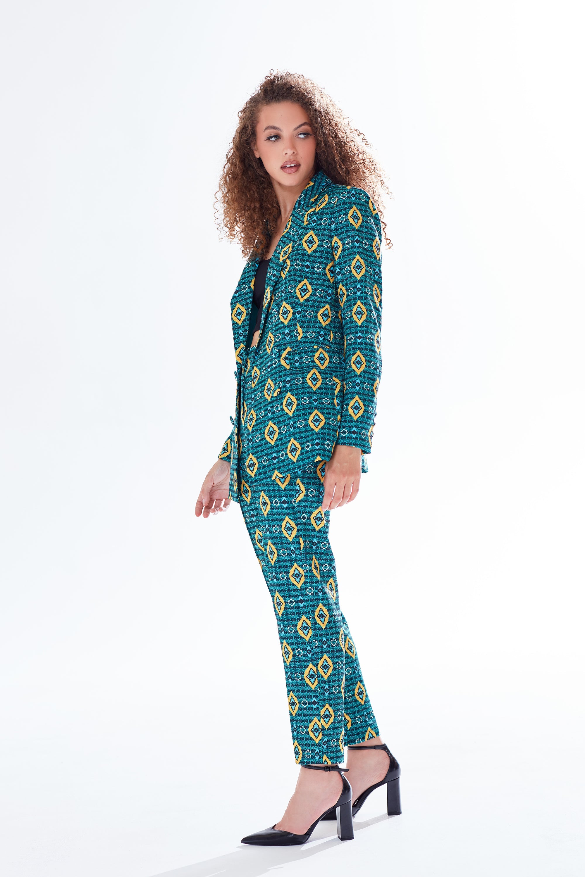 Women's Blazer in Green, Yellow & Navy with Tailored Fit, Geometric African Print - Liquorish
