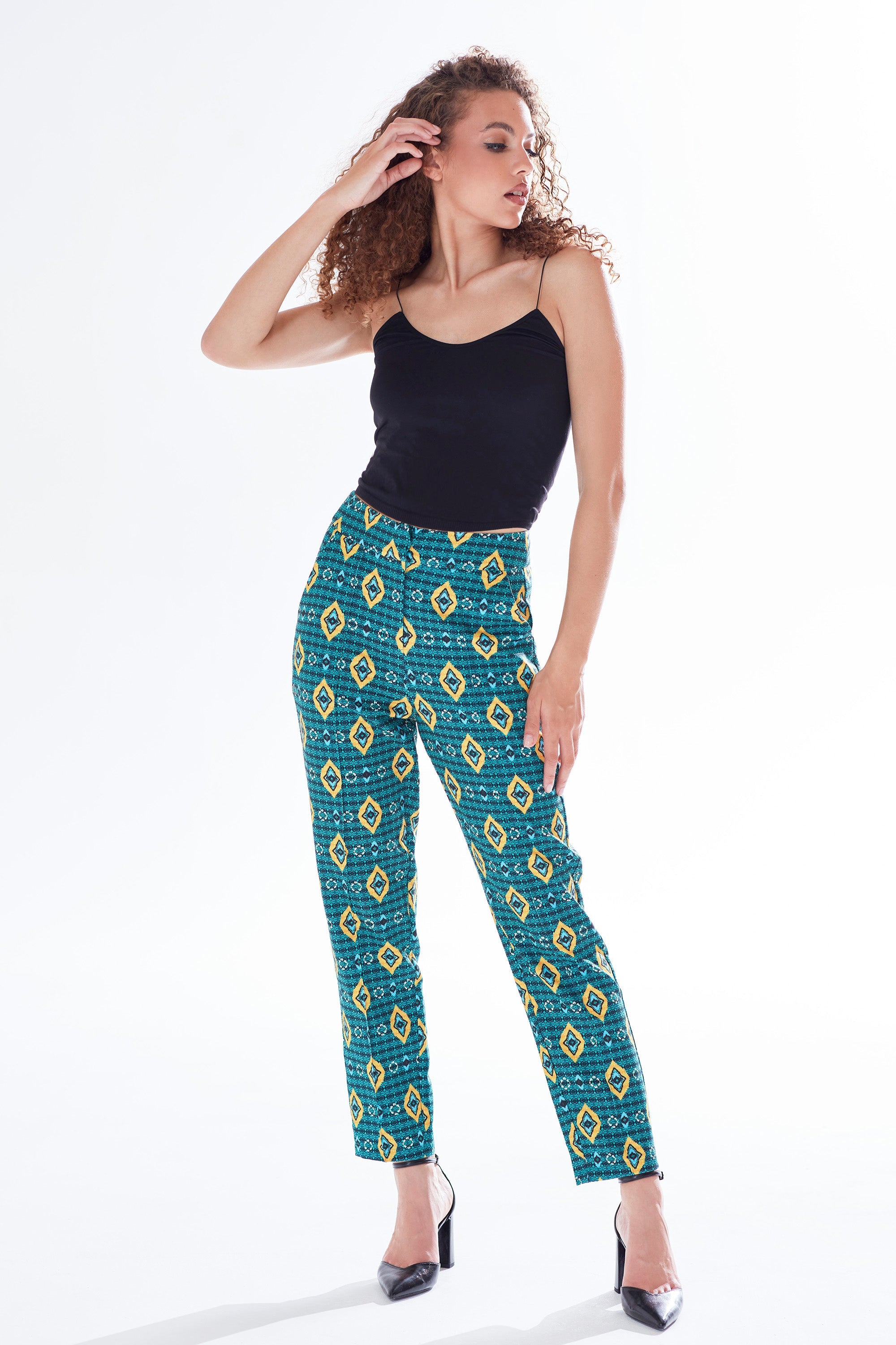 Women's Trousers in Green, Yellow & Navy Geometric Print with Tailored Fit by Liquorish