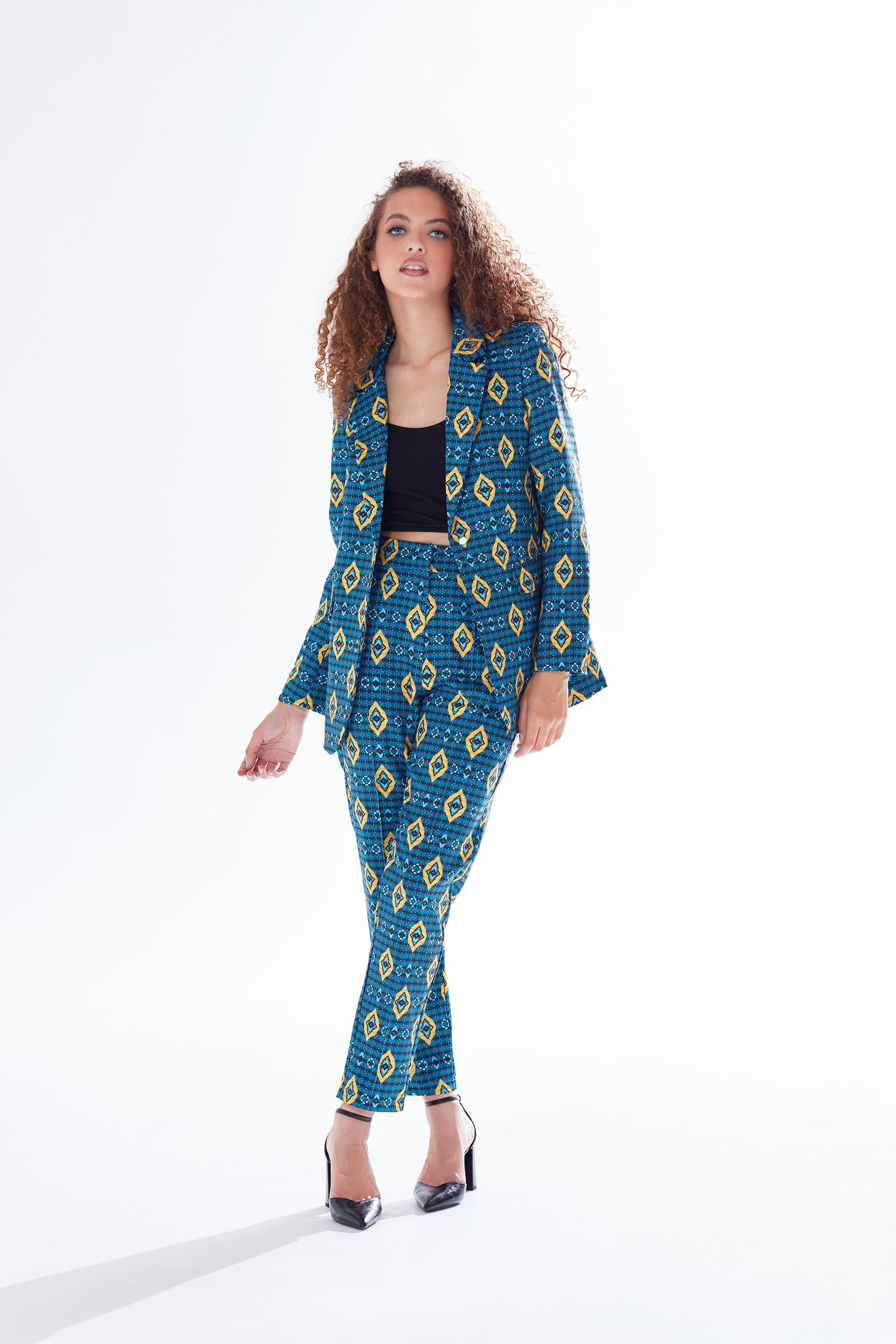Women's Trousers in Blue, Yellow & Navy with Geometric African Print, High Waisted & Tailored Fit by Liquorish