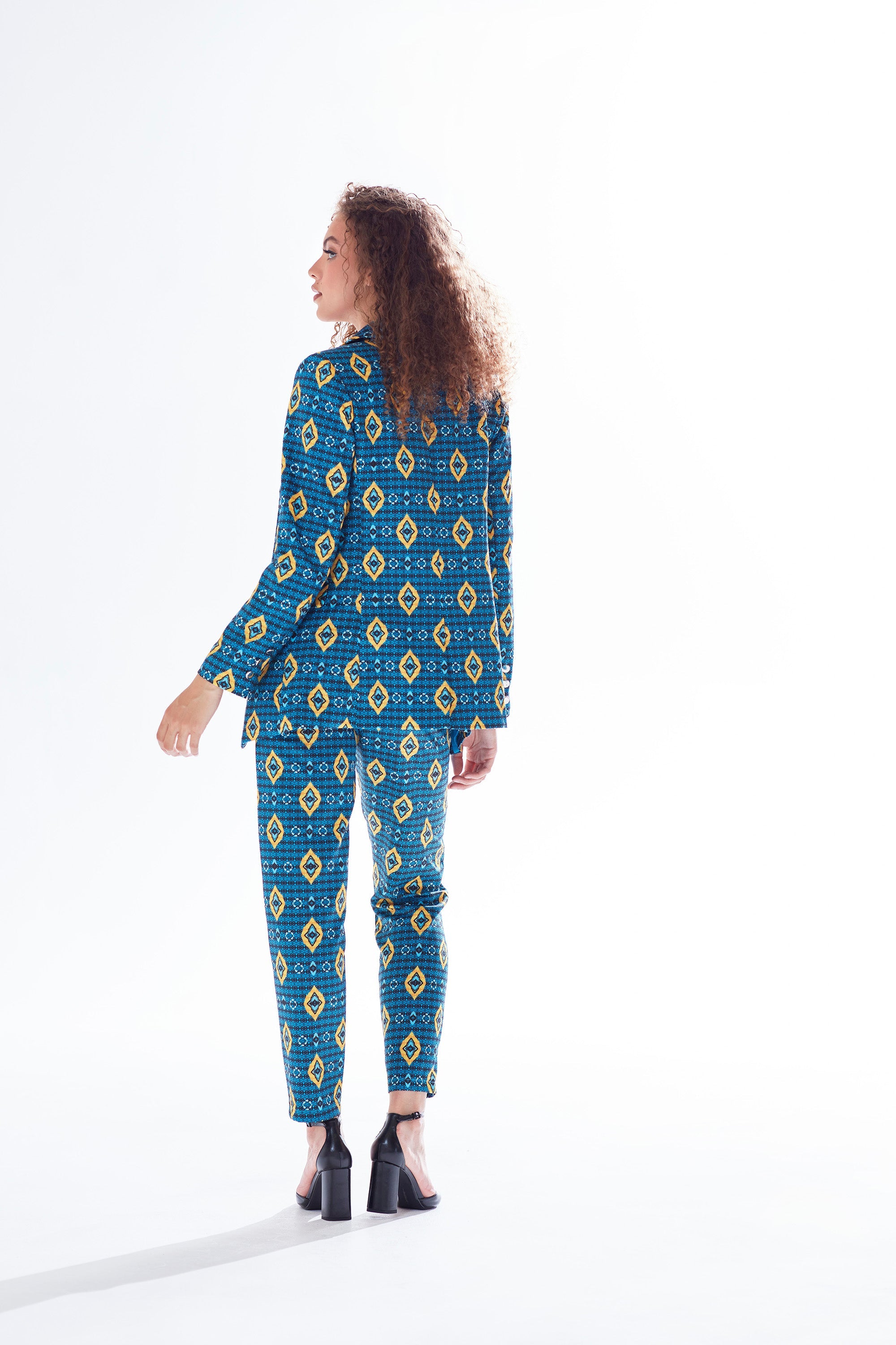 Women's Blazer in Blue, Yellow & Navy with Geometric Pattern, Tailored Fit, 1 Button Closure, Liquorish