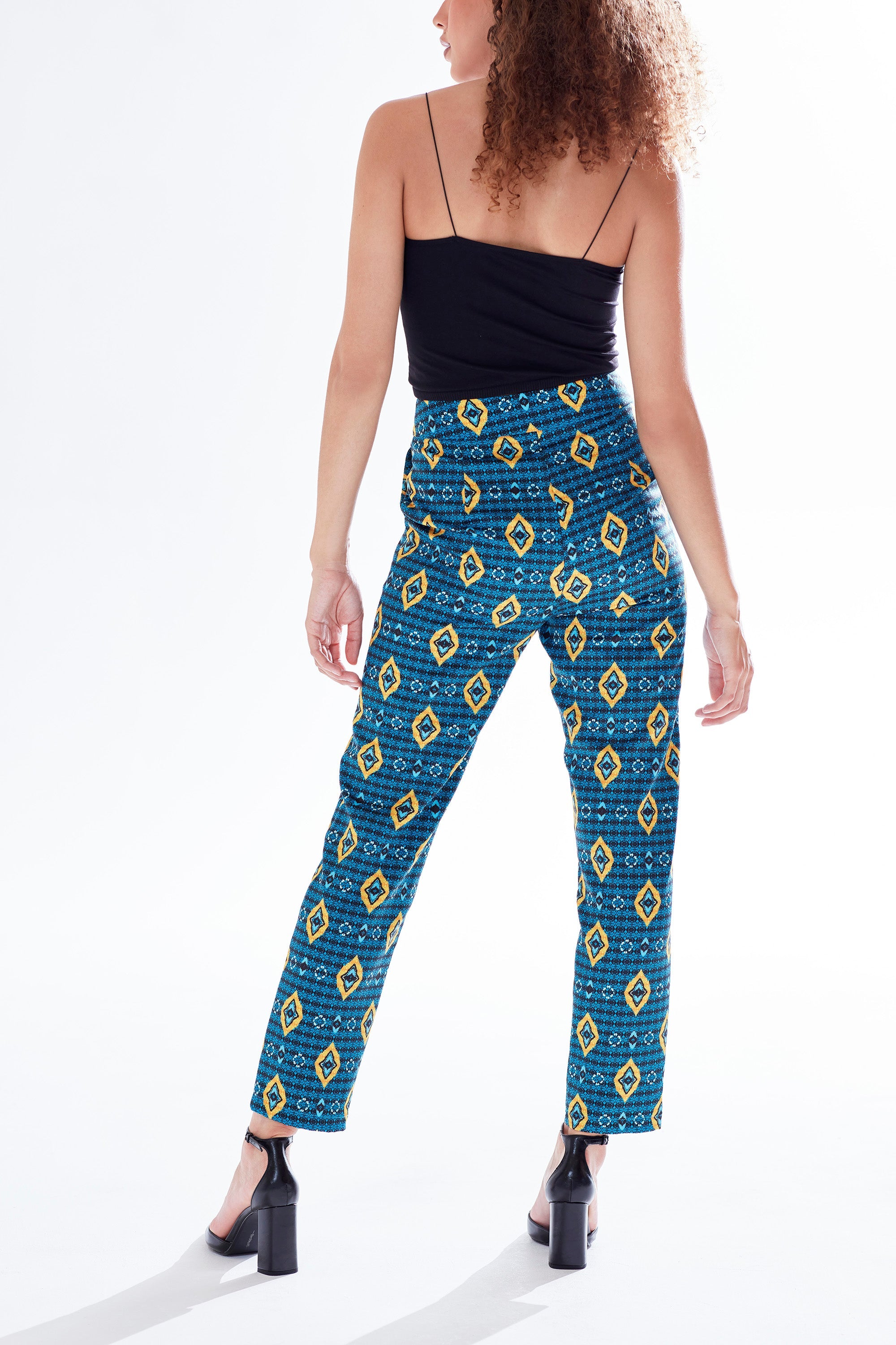 Women's Trousers in Blue, Yellow & Navy with Geometric African Print, High Waisted & Tailored Fit by Liquorish
