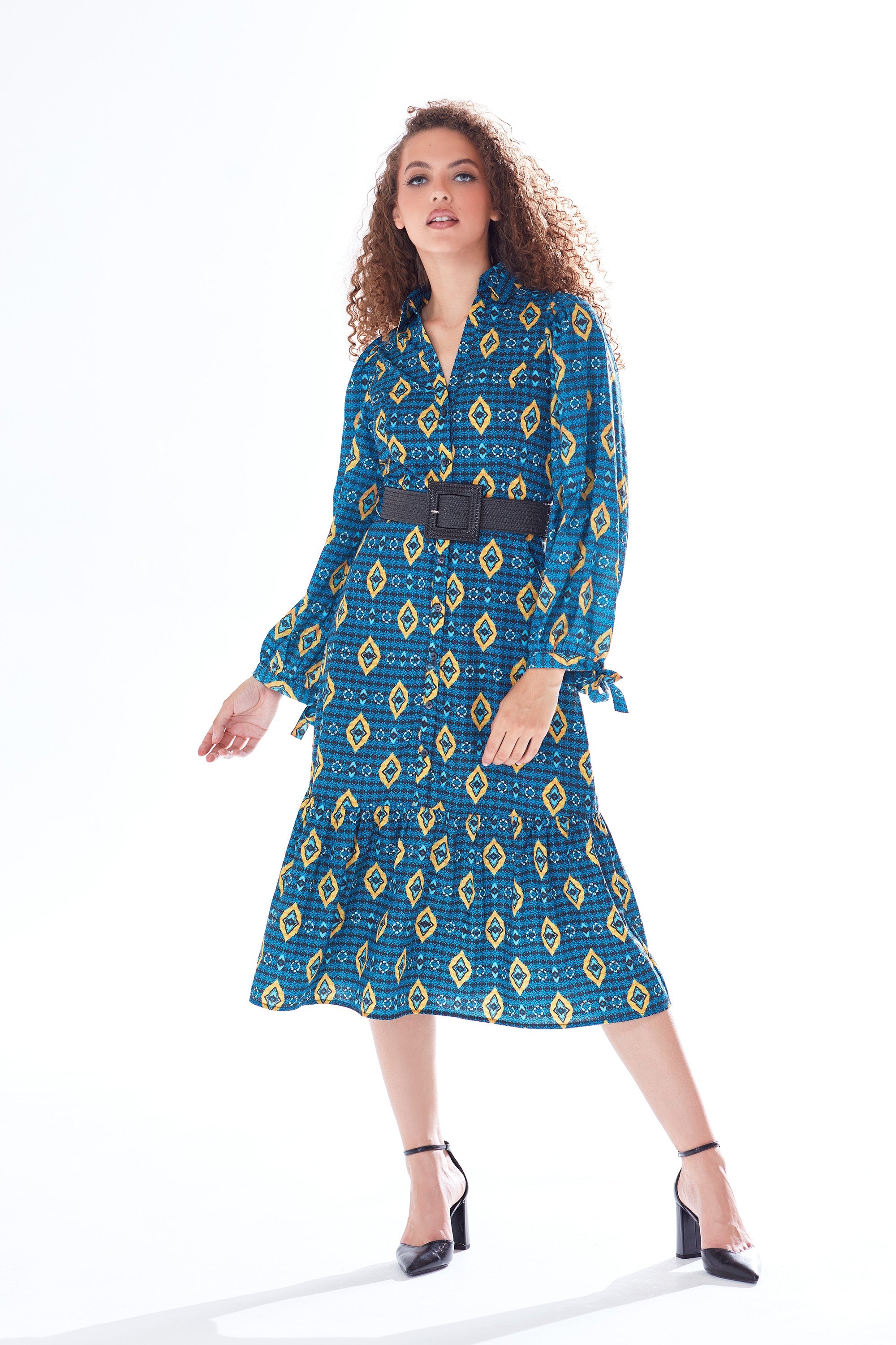 Women's Midi Dress with Sleeveless Design in Blue, Yellow & Navy - Tiered Skirt Detail by Liquorish