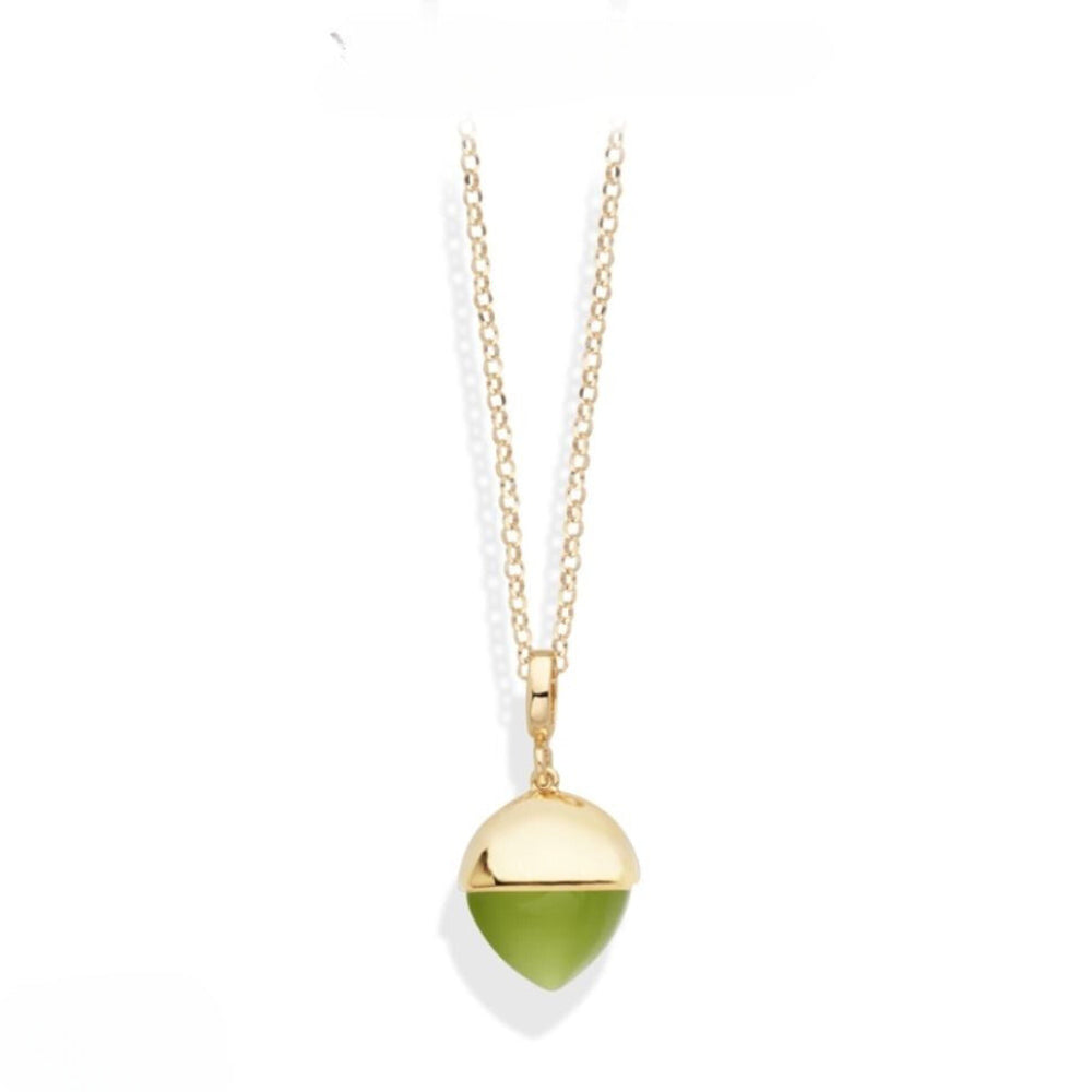 Shop online premium yellow gold long necklace with elegant olive colored crystal pendant.