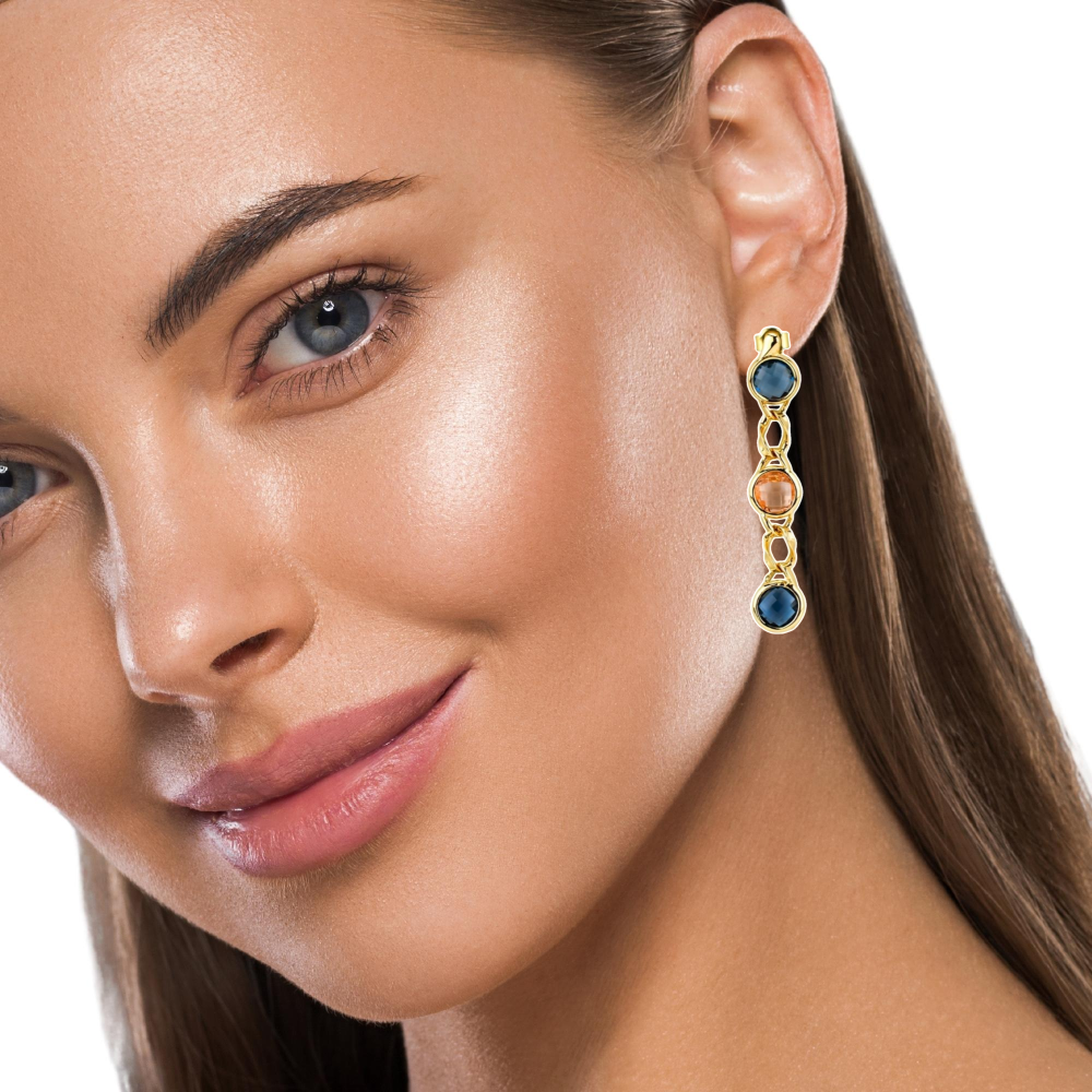 Shop online premium gold plated long earrings with orange and blue round crystals on curb link design for modern elegant styling.