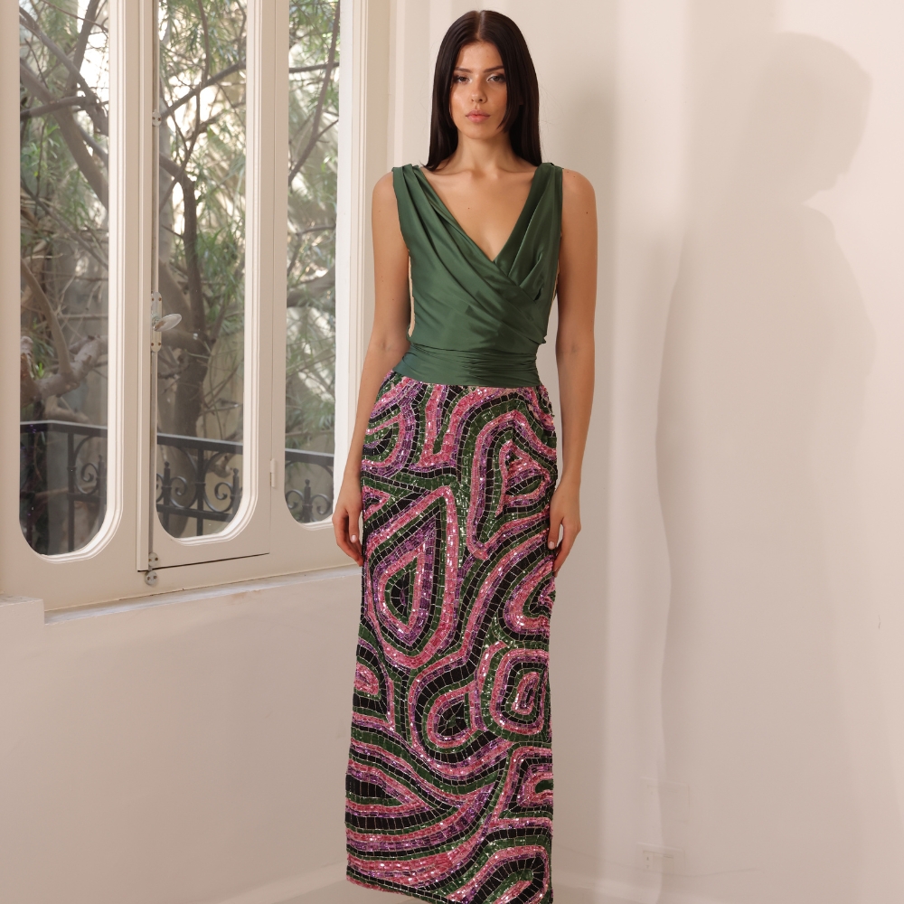 Long dress in green satin bust and embroidered skirt
