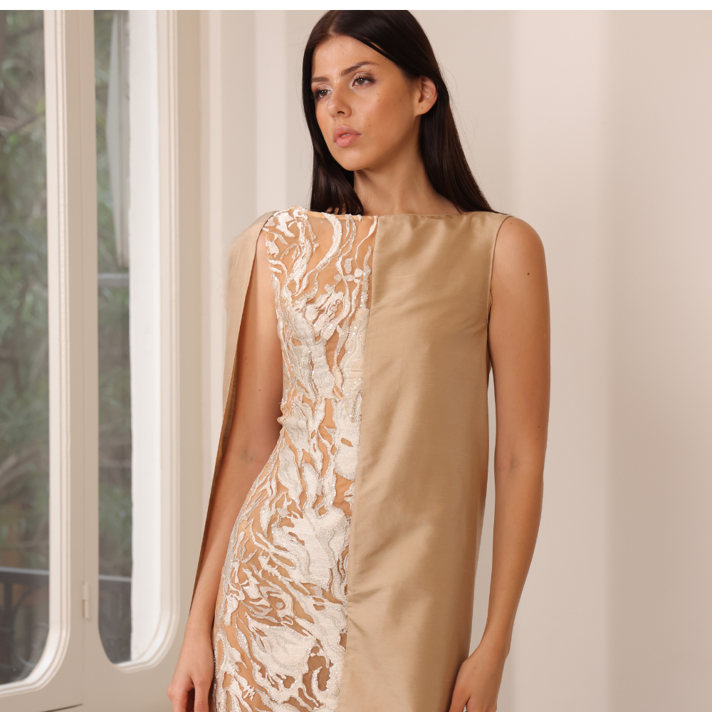 Long embroidered tulle dress and bronze silk chantung