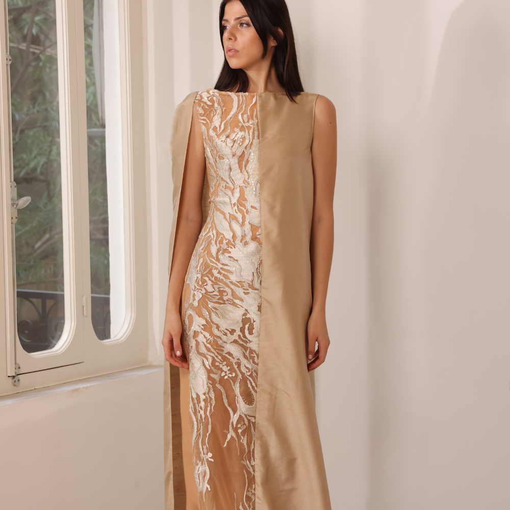 Long embroidered tulle dress and bronze silk chantung