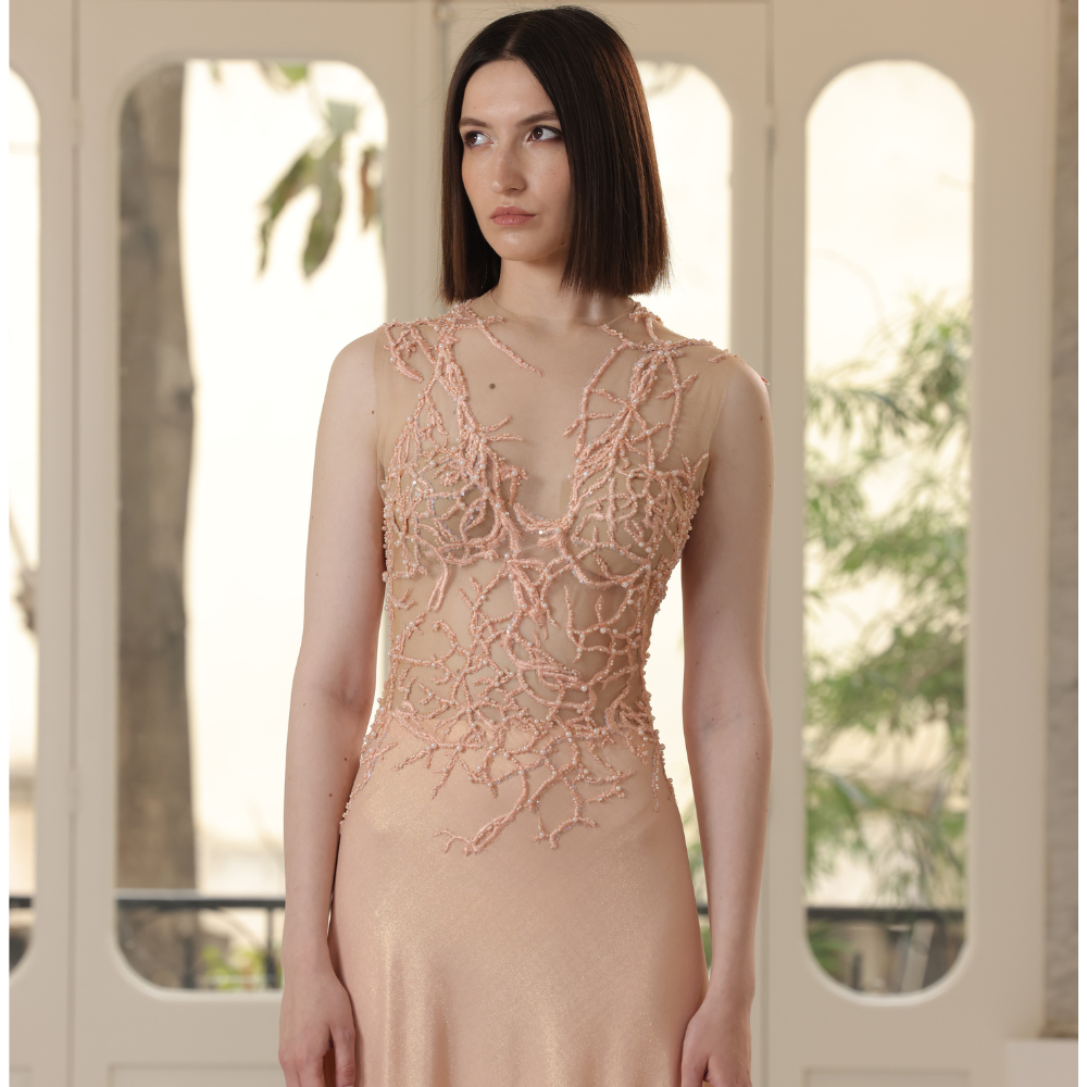 Long salmon silk jersey dress with embroidered bust