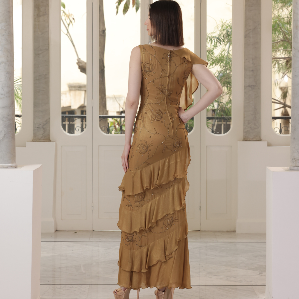 Long silk bronze emboidered muslin dress