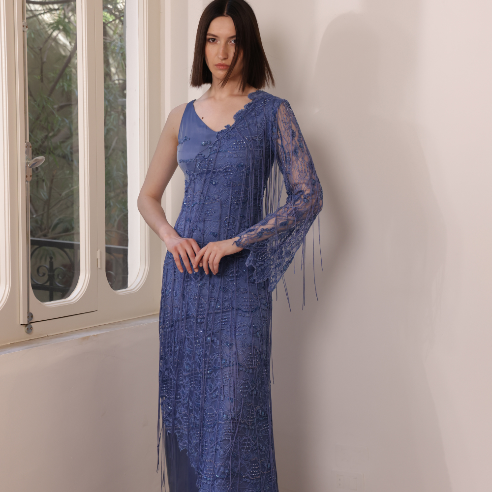 Long silk muslin blue dress with emboidered lace