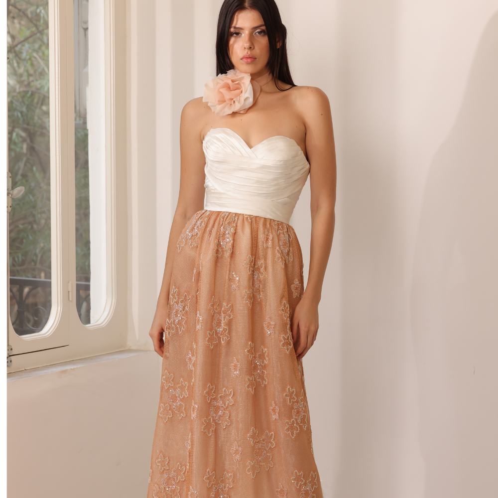 Long strapless dress with pleated white bust and embroidered bronze lace skirt