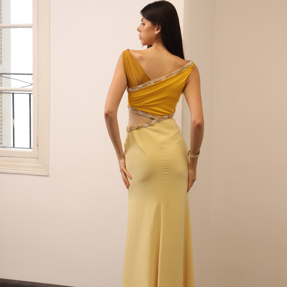 Long three tone yellow dress with embroidered bands