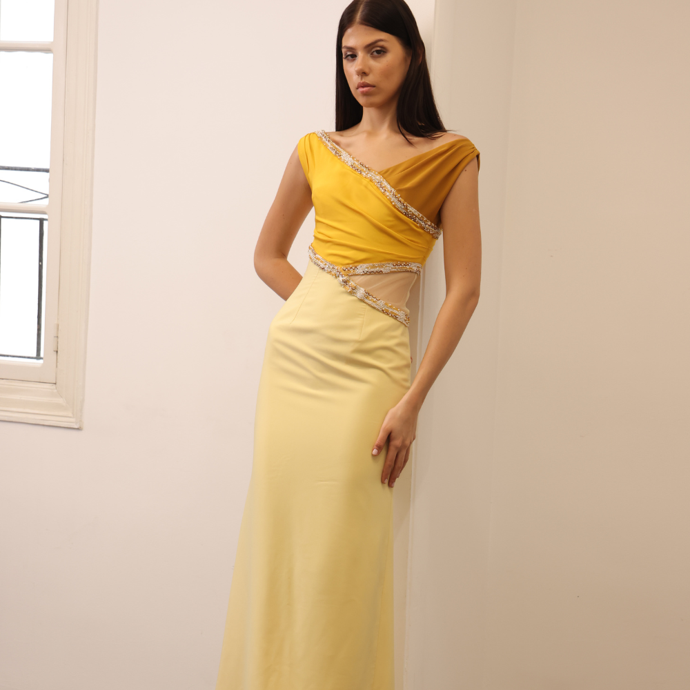 Long three tone yellow dress with embroidered bands