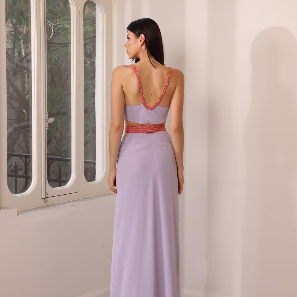 Long violet crepe dress with embroidered belt and straps