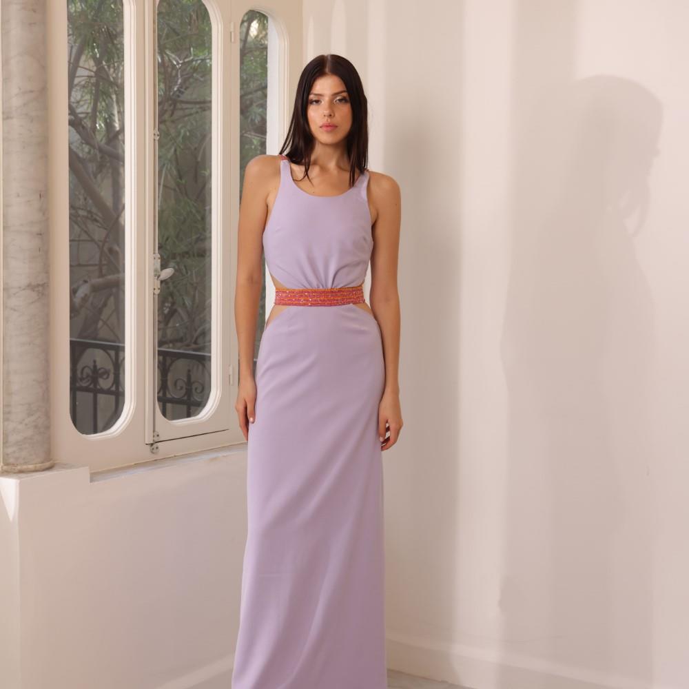 Long violet crepe dress with embroidered belt and straps