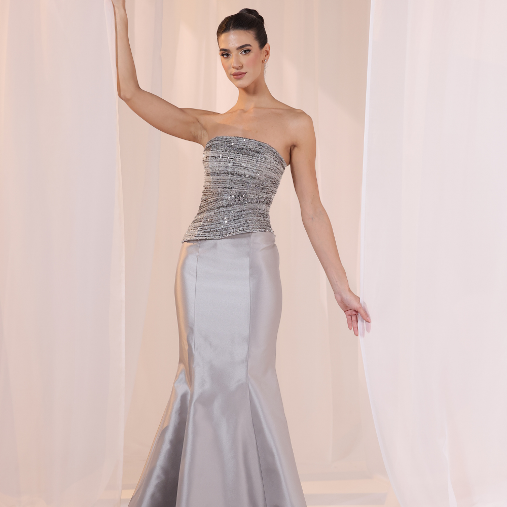 Shop online elegant gown with textured strapless bodice, subtle shimmer and smooth satin skirt, perfect for parties and special occasions.