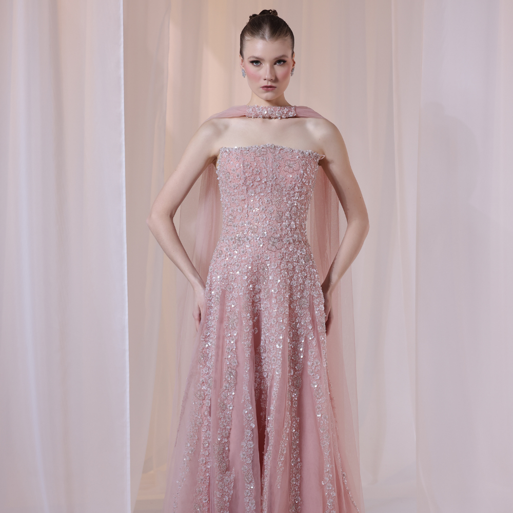 Shop online soft blush gown with delicate shimmer, airy movement and refined elegance, perfect for parties, receptions and special occasions.